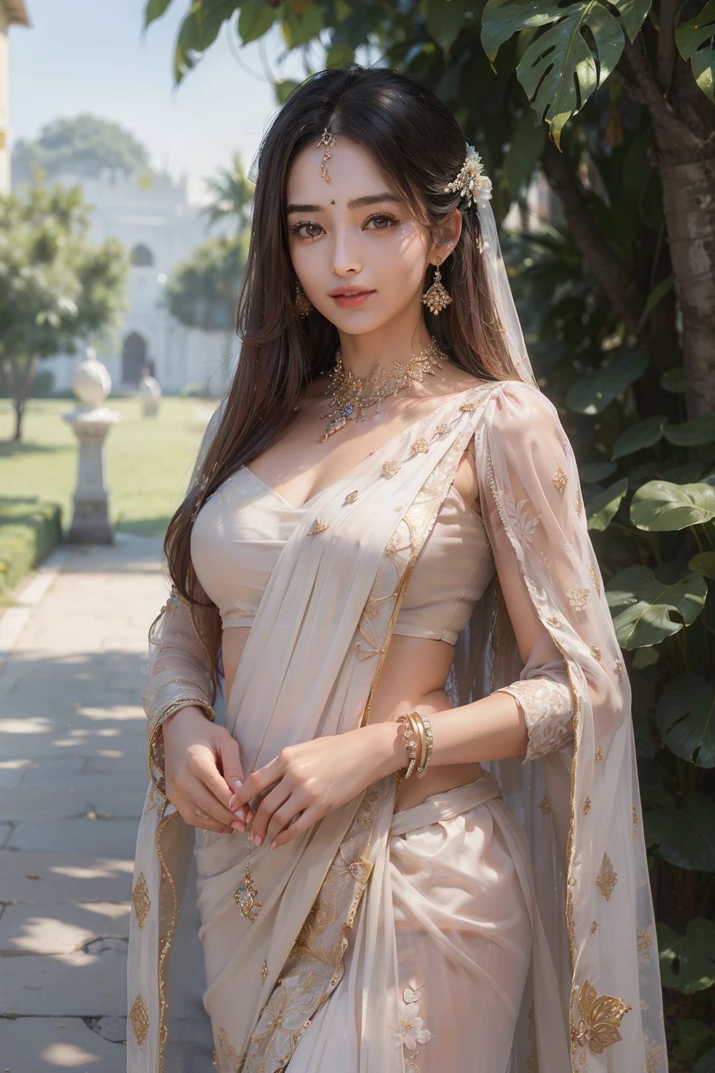 ((top-quality、​masterpiece、photographrealistic:1.4、8K))、Beautuful Women、full bodyesbian、sixteen years old、delicate and beautiful face、Lady of India's Great Noble Lady、（Women of Southeast Asia）、（Luxury saris and headdress in Indian style）、Luxury accessories、saree、Beautiful lighting、Textured skin、Super Detail、high detailing、High quality、hight resolution、（Stroll through the beautiful Indian-style gardens。Indian castle on background）、florals、The tree々、Elegant smile、（looking at the viewers）