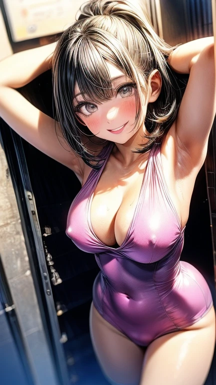 High resolution8K, armpitのポーズ, armpit, armpit, armpitを照らす光, masterpiece, best image quality, High resolution, armpitのしわ:1.5, ぬるぬるしたarmpit, alone, (covered nipples:1), red plunge leotard, high ponytail hairstyle, locker room, dress room, No bra, upper body only, armpit Light, laughter, slight smile, brown eyes, armpitの細かいシワ, リアルなarmpit, 濡れたarmpit, 艶やかなarmpit, 油を塗ったピカピカのarmpit, stand straight towards us, raise both hands, puberty, sweaty face, red lipstick, Athletics Stadium locker room, looking at armpit, I can see your belly button, (Natural skin texture Vibrant details, surreal)