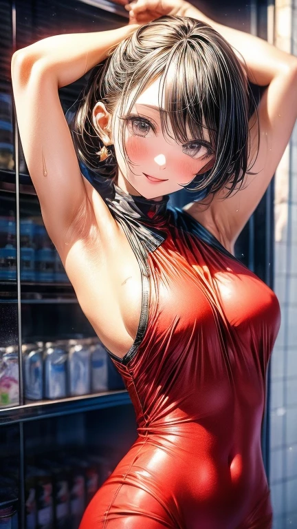 High resolution8K, armpitのポーズ, armpit, armpit, armpitを照らす光, masterpiece, best image quality, High resolution, armpitのしわ:1.5, ぬるぬるしたarmpit, alone, (covered nipples:1), red plunge leotard, high ponytail hairstyle, locker room, dress room, No bra, upper body only, armpit Light, laughter, slight smile, brown eyes, armpitの細かいシワ, リアルなarmpit, 濡れたarmpit, 艶やかなarmpit, 油を塗ったピカピカのarmpit, stand straight towards us, raise both hands, puberty, sweaty face, red lipstick, Athletics Stadium locker room, looking at armpit, I can see your belly button, (Natural skin texture Vibrant details, surreal)