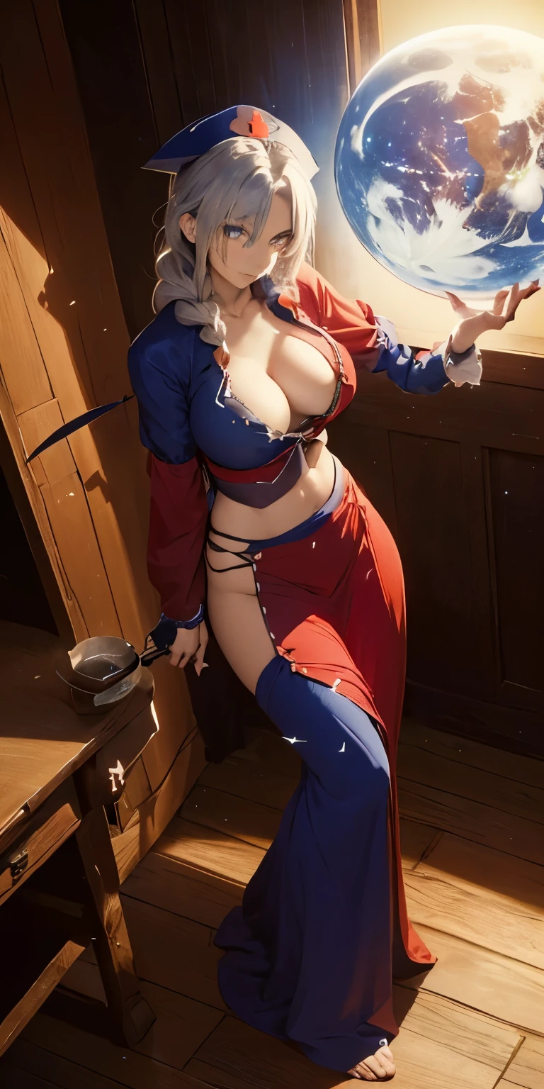 (masterpiece, best quality:1.3), (full body:1.3), Yagokoro Eirin, Touhou Series, perfect face, expressive eyes, 1woman, looking at viewer, 38 years old, gorgeous body, big breast, beautiful, anime, lora,1woman, silver hair, braid hair, nurse cap, red and blue clothes, long skirt, (evil look, looking down on viewer:1.5), (cinematic lighting, realistic, dream-like, enchanting atmosphere:1.5), (photo of a woman in her dark and mysterious environment:1.3), (the woman surrounded by an aura of mystery and intrigue:1.3), (standing on the moon with the huge Earth and beautiful stars floating in space:1.3), (a crystal ball nearby, adding to the mystical setting:1.3), (a hint of incense in the air, adding to the sensory experience:1.3),