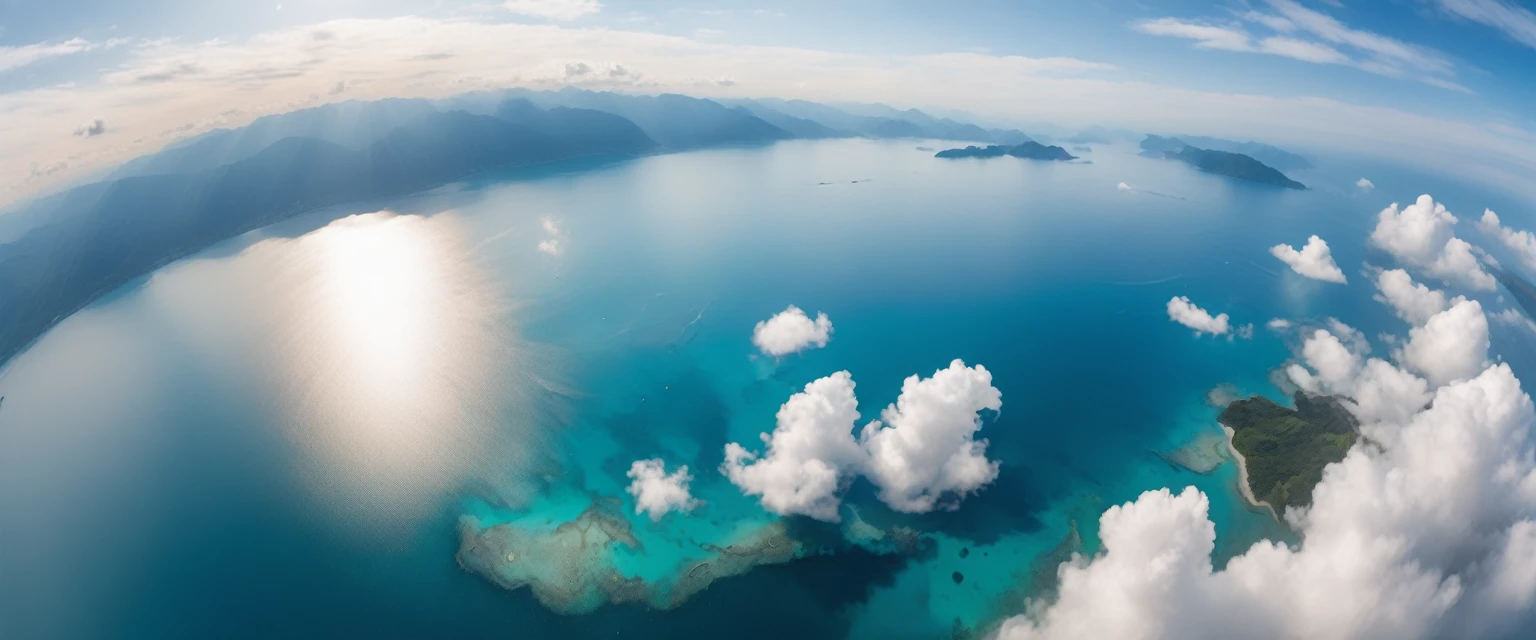 ((ultra wide angle theme:1.6)),(ultra wide angle shot:1.6), ((from above:2.0)), 8mm lens, lens flair, panorama, sea, shell, cloud, dynamic, cinematic, ultra detailed, ultra high res, best quality,