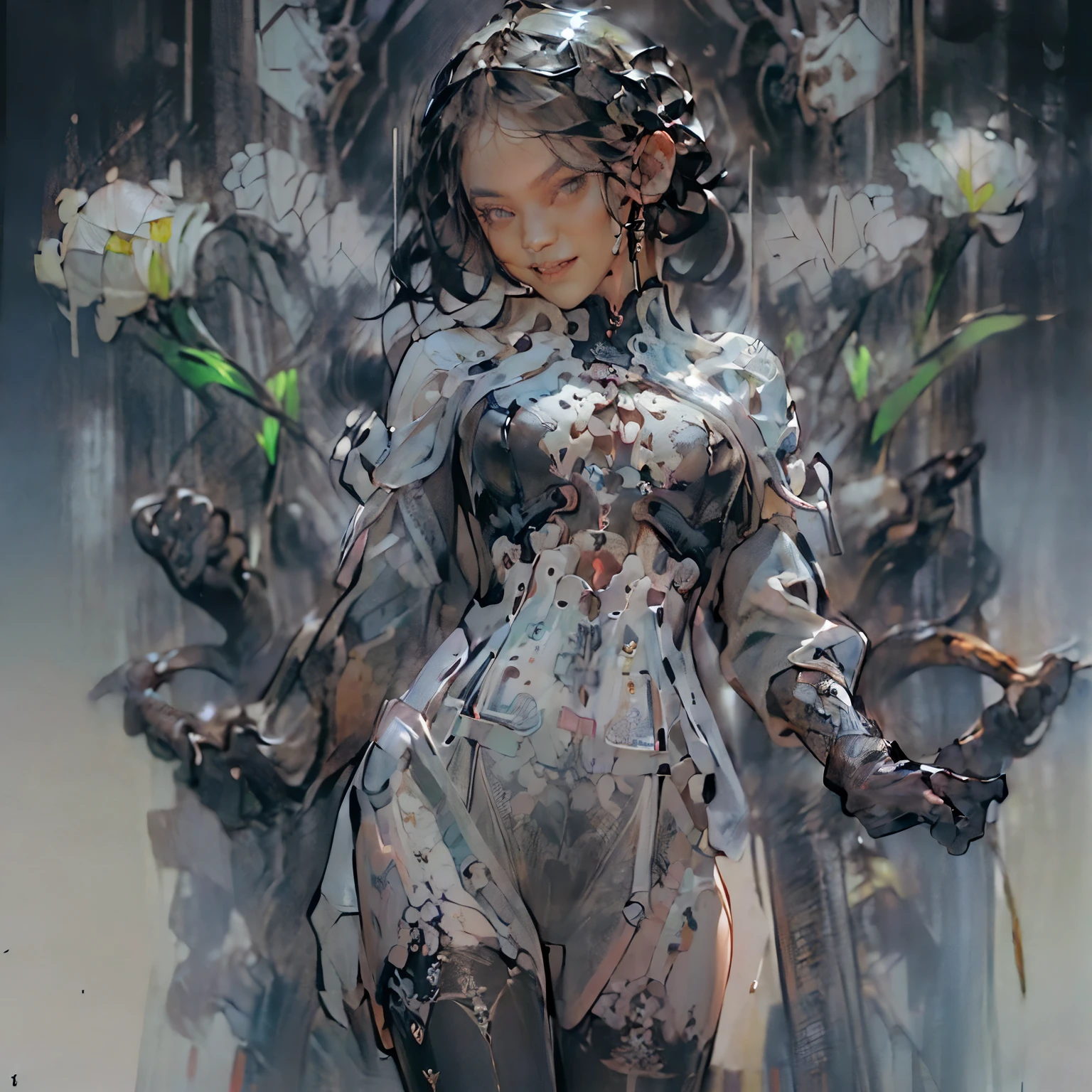 (((Create one girl 16+), (smoke, fire), (fantastic scene), (dramatic, lighting)))_(((Little loli, petite, chibi, full height), (thin graceful body, in full height - standing, firing from a powerful modern weapon), (beautiful figure, half a turn)_(16+ years)))_(((Very beautiful girl, small peach breasts, graceful figure, narrow waist, smooth hips )),((long double braids), (tight braids)),((braided hair), (long time haircut), (dark hair, black hair)))_((Scarlet lips)), ((smile)))_(((Shiny skin:1.5, white skin, light skin: 1.5, shiny body)))_(((Detailed face)),((sexy),(erotic),(cute, kawaii),(nsfw)))_(((Bare shoulders, black lace dress)),((black chiffon dress, very short dress))_(((tight-fitting),(black),(transparent lace dress)),((stands almost completely naked,with a small amount of clothing)), ((tiny thongs)), (arms in elbow pads, palms wearing tactical gloves),(bare thighs, thong,bare stomach, minimal clothing), (legs in combat knee pads, thigh-high stockings - sexy)),((massive leather lace-up boots)),((looks seductively at the viewer, embarrassed smile, shy, sexy, erotic)))_(((Dark background, realistic digital painting))_((Background, fantastic ship lock), (films; Lucas Arts, R.S. Giger "Alien", Giger's monsters)), ((stunning scene in a spaceship)),((alien flowers, skulls)), ((white alien lilies)), ((white lilies - large stems)))_(((Bright colors, cool soft shadows),(warm contrasting light, vibrant theme)), ((high contrast, photorealistic graphics: 1.37)),((digital painting, oil painting, wide wet brushstroke)),((best quality, 4k, high resolution, masterpiece: 1.2)),((ultra detail)), ((painting-professional execution)))_ (((Cinematic, digital painting),(soft clear shapes, wide strokes, attention to detail),(clear elegant line, color fill)))_(((High quality, 16K | Ultra HD | Full HD, cinematic rendering))).