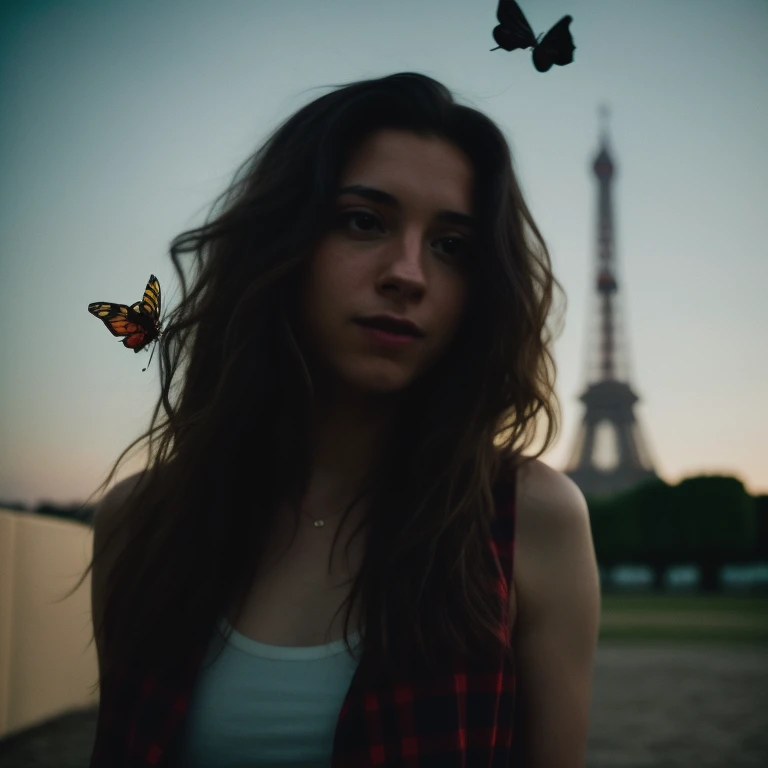 close-up headshot of tomholland person, standing alone in the night, by the paris around effel tower, dark night, film grain, analog film style, vivid color, 1girl,  upper body,
(looking at  the viewer:1.2),
long hair, blond, plaid skirt, best quality, high quality, (realistic), (absurdres:1.2), UHD, ultrarealistic, noise,
soft skin,  (flying butterflies:1.2),
long messy hair,
film grain, depth of field, analog film style,
editorial photo,  man, wide hips,
(best quality:1.2), absurdres, cinematic composition, professional color grading, film grain, atmosphere,
motion blur, 