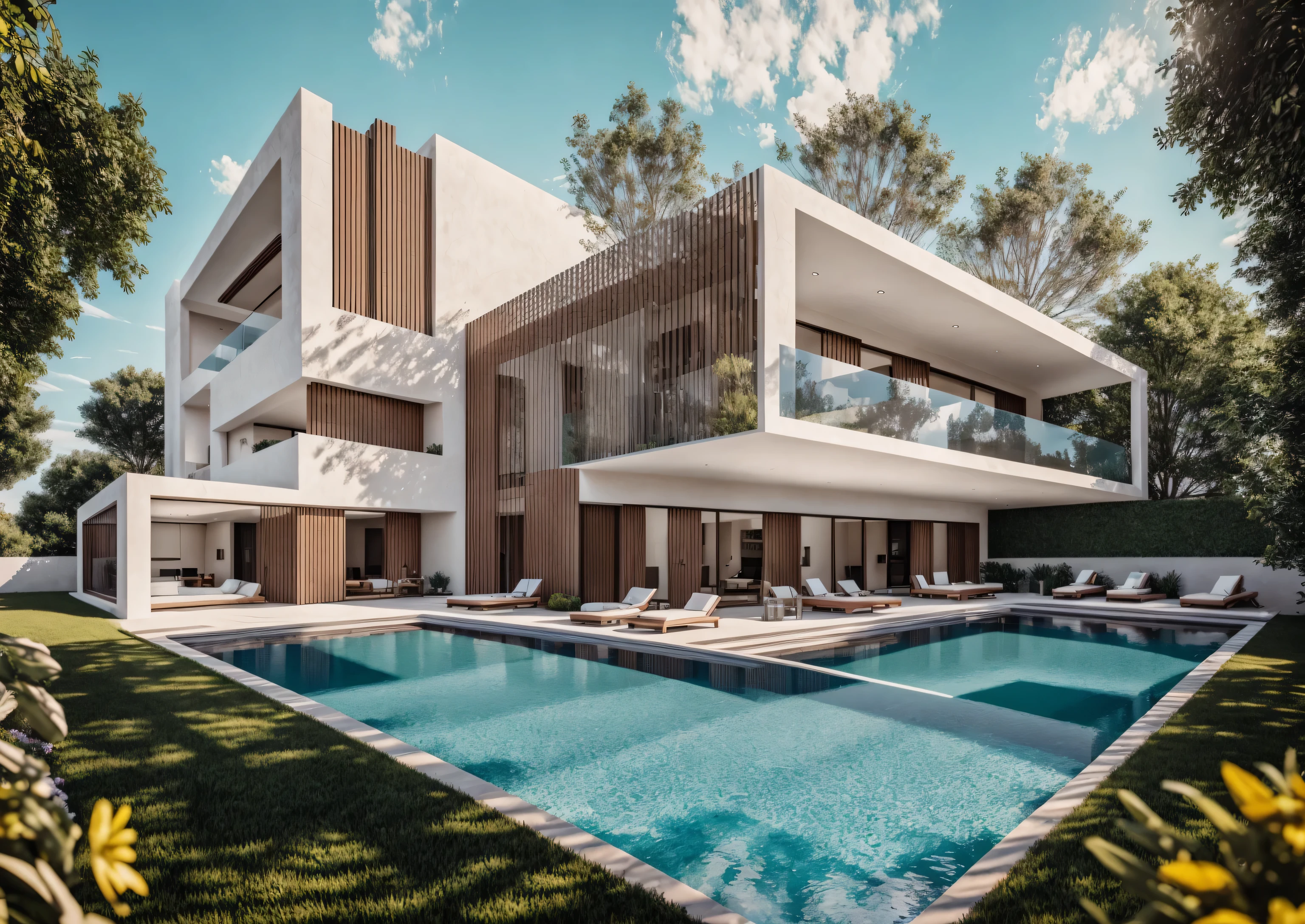 Raw photo,Masterpiece, high quality, best quality, authentic, super detail, exterior, outdoors, house style luxury on the street ,pavement, garden nice, pool beautiful, tree, wall marble, sky, cloud, (day:1.1), vivid colour,