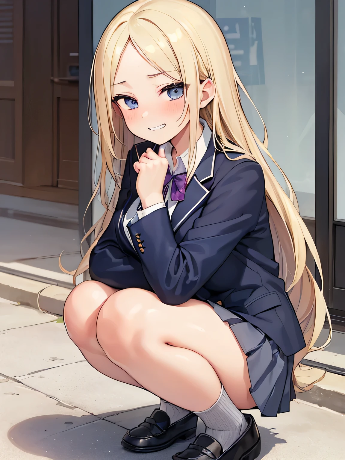 (masterpiece, highest quality, High resolution, realistic pictures, realistic skin:1.1),
(There is one high school girl:1.5),
(She has long blonde hair without bangs and a bare forehead:1.5),
(She is squatting with her knees together:1.8),
(her thighs are pressed together:1.8),
(her body is facing us: 1.5),
(Embarrassing but provocative, grinning expression:1.5),
(She is wearing a navy blue blazer from her high school uniform.:1.8),
(She is wearing a grey miniskirt from her high .: 1.8),
(Both feet are wearing black loafers:1.8),
(Both of them are wearing dark blue knee socks.: 1.8),
(The socks match the color and length of both feet.:1.8),
(Simple white cotton panties:1.5),
( upper arm: 1.5),
( two legs: 1.5),
(Location: high school courtyard:1.2),
1 Japanese girl, alone, Full-bodied Esbian, beautiful eyes, shining eyes, NSFW