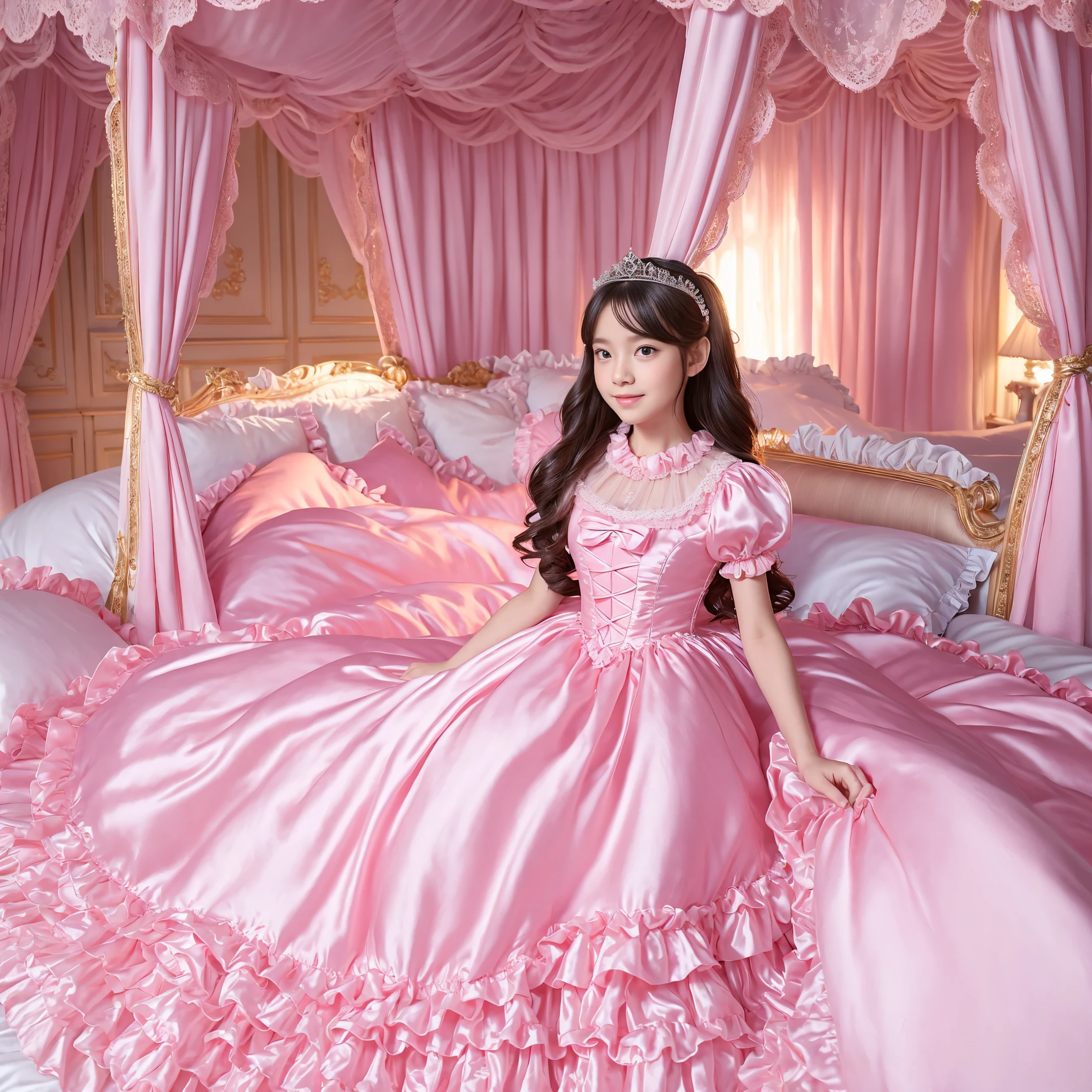 ,highest quality, masterpiece, highest resolution, artwork, super それにget used to it, many get used to it, get used to it, それにget used to it, 3K realistic photos,,(( girls)),Super detailed baby face,both arees,detailed luxury tiara,Full length ball gown dress with hoop skirt,ruffled yoke collar,Detailed braided ribbon on chest,puff sleeves,long sleeve,((lolita style hot pink princess satin dress、Comes with lots of frills and ribbons。)),crazy&#39;colorful fashion,shiny silk satin dress,soft and smooth silk satin fabric,luxury,Very long blonde hair,blue eyes,white skin european,pajamas,Princess dancing happily,gorgeous flowing dress,fine white frills and lace,Super long hair that is as tall as your body,white long socks,drawers with lots of frills,castle bedroom at night,Super long flowing hair,Behind them is a luxurious king-sized bed with a huge canopy.,Pink pillow with lots of frills,Silk satin pink curtains with luxurious ruffles and ribbons surround the bed,princess sitting on bed,lots of pillows piled up on the bed,(((Both legs are completely hidden inside the dress.))),((((round futon)))),((((A large ruffled futon that covers the entire bed)))),detailed comforter,Detailed bed sheets,bed skirt with ruffles,Deep bed,background with depth,