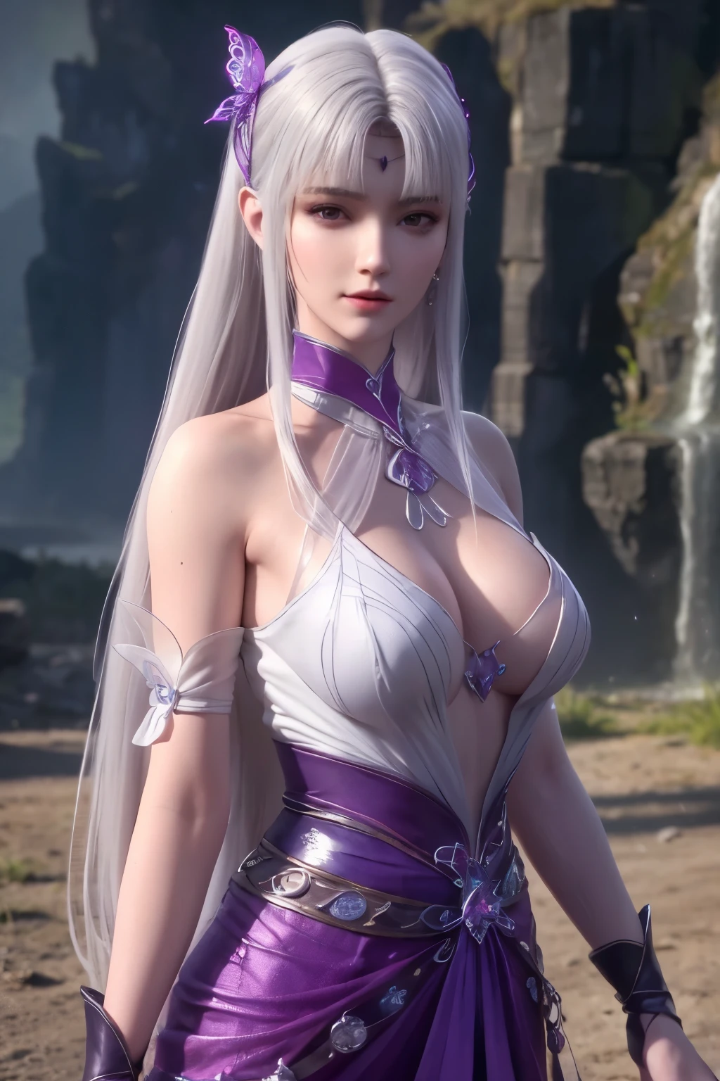 realistic, photorealistic, Masterpiece, absurdres, fine detail, HDR, detailed hand anatomy, highly detailed face and eyes, (8k, best quality, masterpiece:1.2), ultra-detailed, extremely detailed cg 8k wallpaper,fashion,(crystalstexture skin:1.2),(extremely delicate and beautiful),(masterpiece, best quality:1.2),1girl, solo, narrow waist, wide hips, (large breasts:1.2),long hair, (looking at viewer:1.2), natural lighting, fantasy, dreamlike, unreal, science fiction, detail, delicate pattern, charming, alluring, enchanting, hair ornament, fairydoctor, full body, dream, purple butterflies, glowing butterflies, sexy pose, night, (neon butterflies:1.1), purple neon butterflies