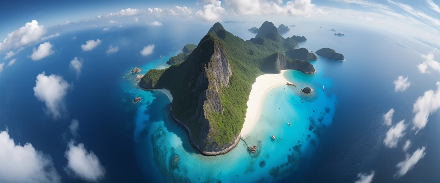 ((ultra wide angle theme:1.6)),(ultra wide angle shot:1.6), ((from above:2.0)), 8mm lens, lens flair, panorama, sea, shell, cloud, island, blue hor, dynamic, cinematic, ultra detailed, ultra high res, best quality, 