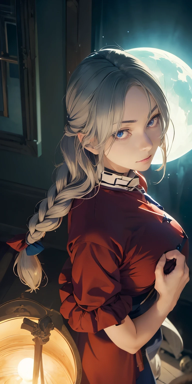 (masterpiece, best quality:1.3), (upper body:1.3), Yagokoro Eirin, Touhou Series, perfect face, expressive eyes, 1woman, looking at viewer, 38 years old, gorgeous body, big breast, beautiful, anime, lora,1woman, silver hair, braid hair, nurse cap, red and blue clothes, long skirt, (evil look, looking down on viewer:1.5), (cinematic lighting, realistic, dream-like, enchanting atmosphere:1.5), (photo of a woman in her dark and mysterious environment:1.3), (the woman surrounded by an aura of mystery and intrigue:1.3), (standing on the moon with the huge Earth and beautiful stars floating in space:1.3), (a crystal ball nearby, adding to the mystical setting:1.3), (a hint of incense in the air, adding to the sensory experience:1.3),