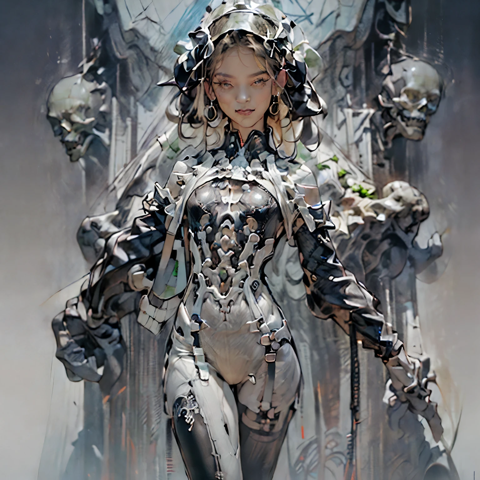 (((Create one girl +), (smoke, fire), (fantastic scene), (dramatic, lighting)))_(((Lipetite, chibiull height), (thin graceful body, in full height - standing, firing from a powerful modern weapon), (beautiful figure, half a turn)_(16+ years)))_(((ry beautiful girl, small peach breasts, graceful figure, narrow waist, smooth hips )),((long double braids), (tight braids)),((braided hair), (long time haircut), (dark hair, black hair)))_((Scarlet lips)), ((smile)))_(((Shiny skin:1.5, white skin, light skin: 1.5, shiny body)))_(((Detailed face)),((sexy),(erotic),(cute, kawaii),(nsfw)))_(((Bare shoulders, black lace dress)),((black chiffon dress, very short dress))_(((tight-fitting),(black),(transparent lace dress)),((stands almost completely naked,with a small amount of clothing)), ((tiny thongs)), (arms in elbow pads, palms wearing tactical gloves),(bare thighs, thong,bare stomach, minimal clothing), (legs in combat knee pads, thigh-high stockings - sexy)),((massive leather lace-up boots)),((looks seductively at the viewer, embarrassed smile, shy, sexy, erotic)))_(((Dark background, realistic digital painting))_((Background, fantastic ship lock), (films; Lucas Arts, R.S. Giger "Alien", Giger's monsters)), ((stunning scene in a spaceship)),((alien flowers, skulls)), ((white alien lilies)), ((white lilies - large stems)))_(((Bright colors, cool soft shadows),(warm contrasting light, vibrant theme)), ((high contrast, photorealistic graphics: 1.37)),((digital painting, oil painting, wide wet brushstroke)),((best quality, 4k, high resolution, masterpiece: 1.2)),((ultra detail)), ((painting-professional execution)))_ (((Cinematic, digital painting),(soft clear shapes, wide strokes, attention to detail),(clear elegant line, color fill)))_(((High quality, 16K | Ultra HD | Full HD, cinematic rendering))).