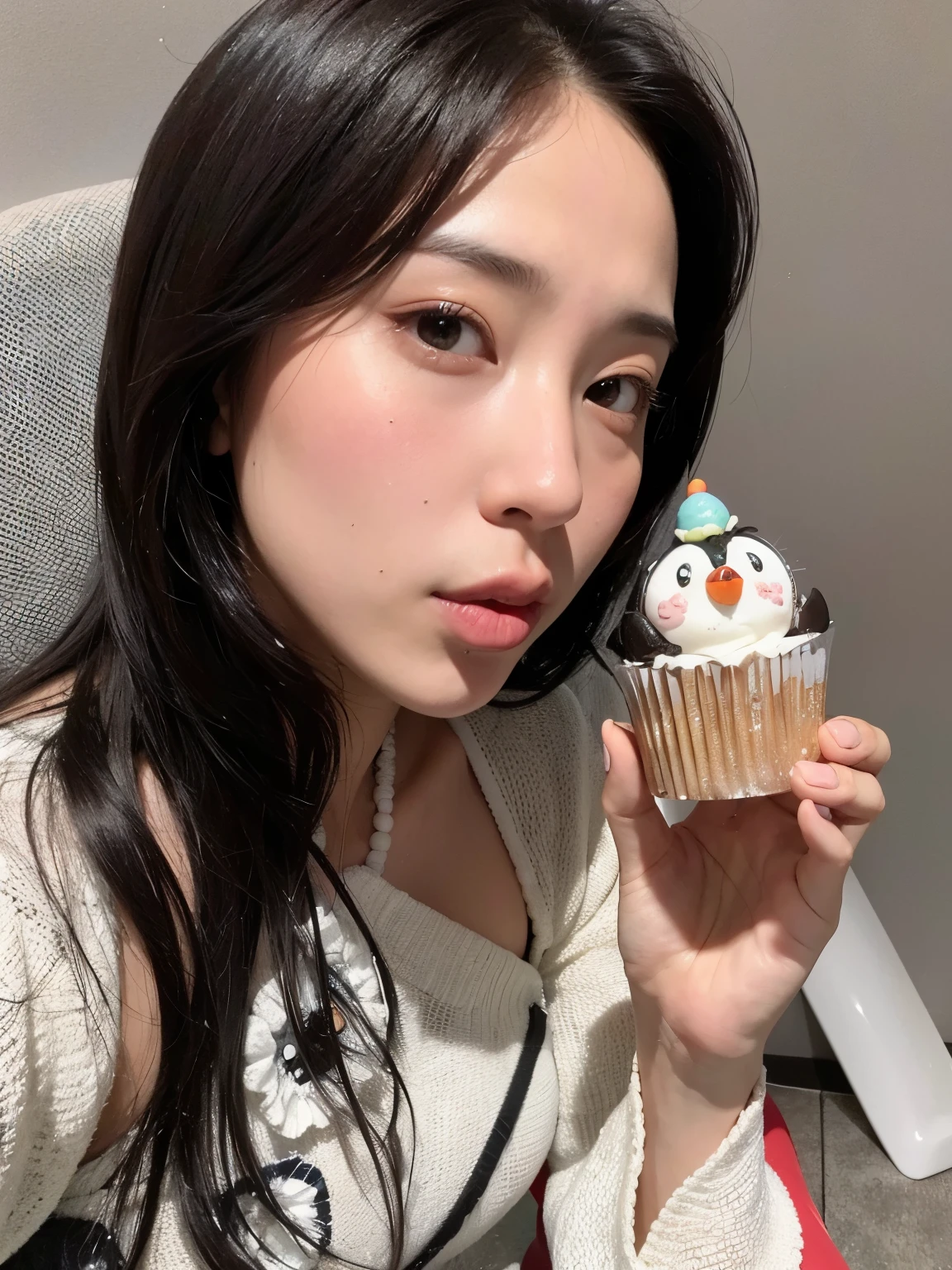 mulher segurando um cupcake com um pinguim em cima, 🐿🍸🍋, 🚿🗝📝, Kimi Takemura, deayami kojima, Chiho ashima, Akasatanaha em , cute clown, comendo bolos, com nariz pequeno, Narumi Kakinouchi