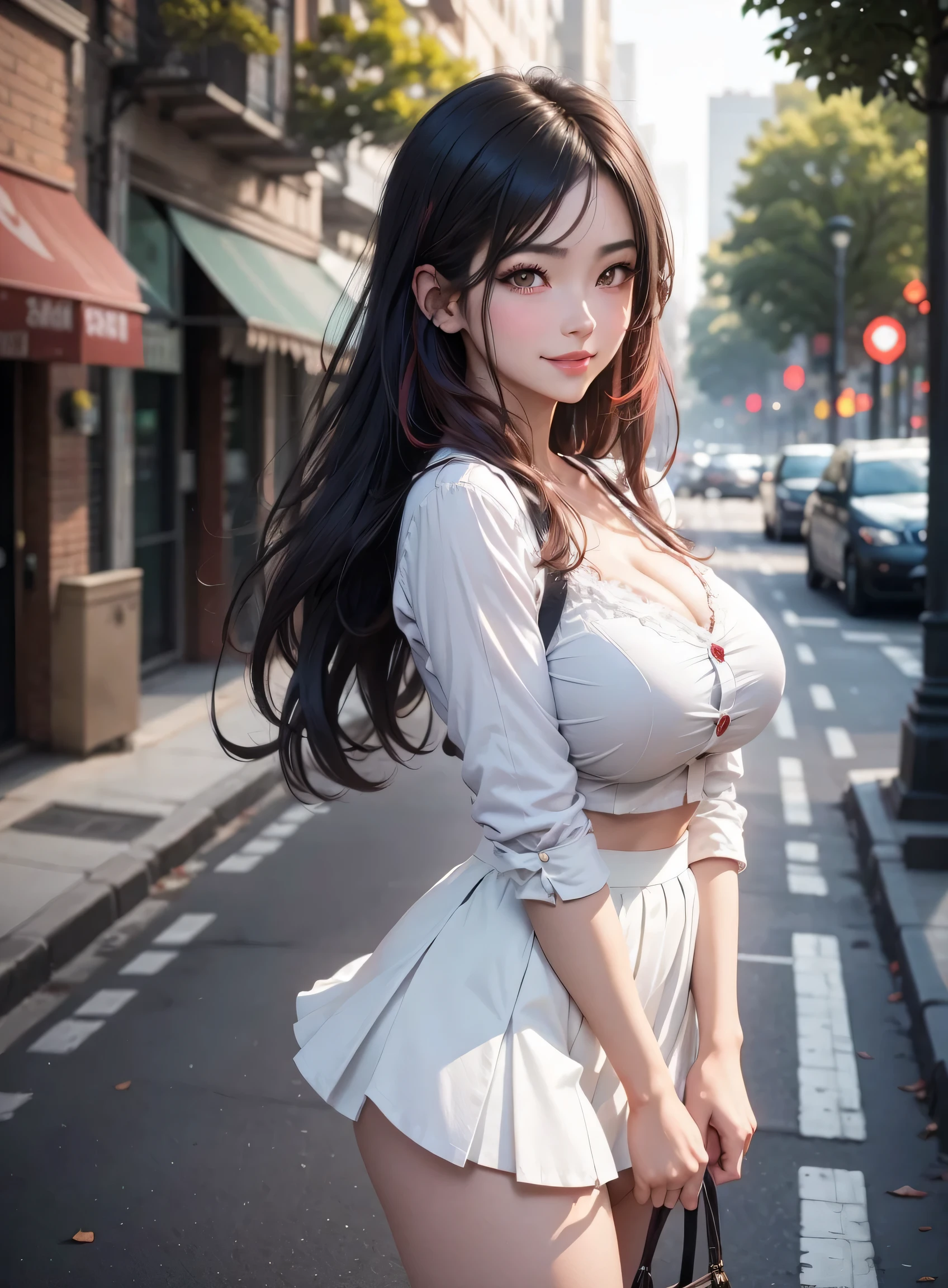 ((best qualtiy, 8K, tmasterpiece:1.3)), Sharp:1.2, perfect figure beautiful woman:1.4, Slim abs:1.2, ((Layered Hair Style, huge tit:1.2)), (Wet white button shirt:1.1),(see-through shirts),(Sateen,the street:1.2),Get wet:1.5,Highly detailed facial and skin texture,A detailed eye,二重まぶた,Look sideways at the camera,open shirts,nabel,exposing your navel,Glass heels,(Sheer heels)