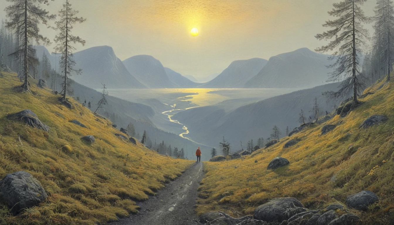ultra-wide angle, by Theodor Kittelsen, (masterpiece, best quality, perfect composition, very aesthetic, absurdres, ultra-detailed, intricate details, Professional, official art, Representative work:1.3)