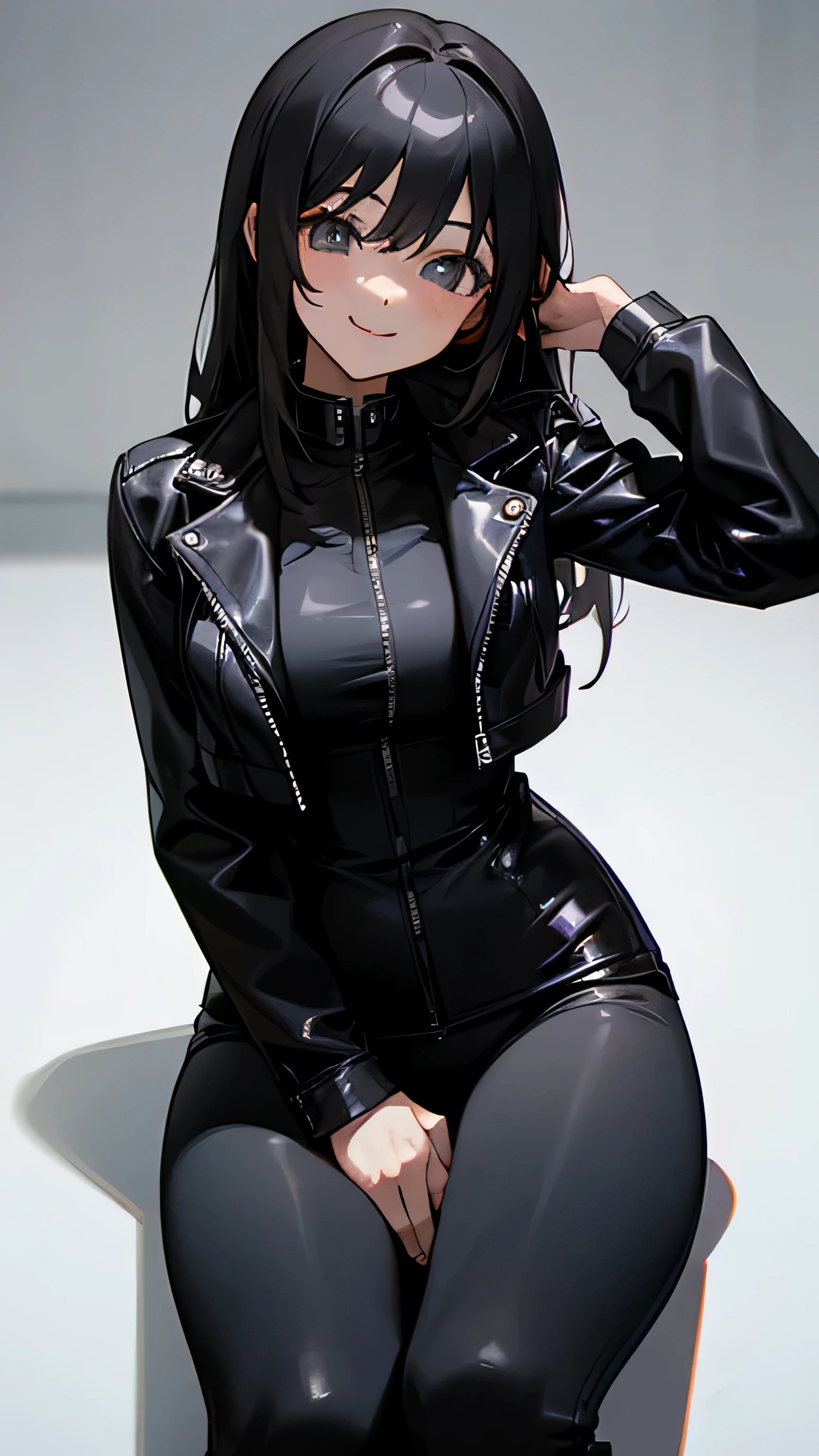 Anime black leather leggings, black leather jacket, white sirt, smile, sitting