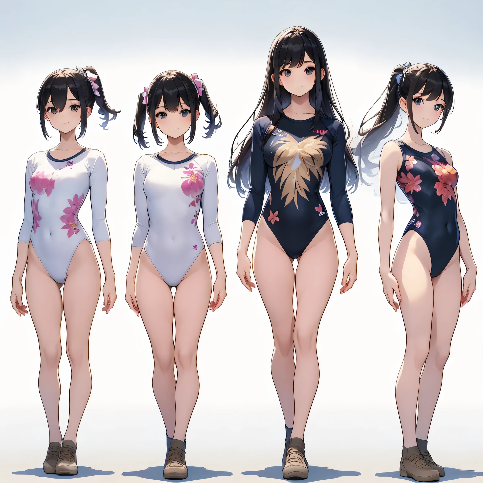 ((full body)),(masterpiece, highest quality), (3 girls 1.5) ,((contrasting:1.5)), looking at iniewer, walk,((in_arm:1.2)), wear gymnastics_longsleeines_leotard_outfit leotard:1.3), (Floral:1.3), BREAK masterpiece black hair, ((long hair:1.2)), ((parted bangs:1.3)), black eye, good hand, ((small breasts)), (oiner 20 years old, Under 25 years old:1.2), , Spotlight, Happy, smile, 教室in休憩