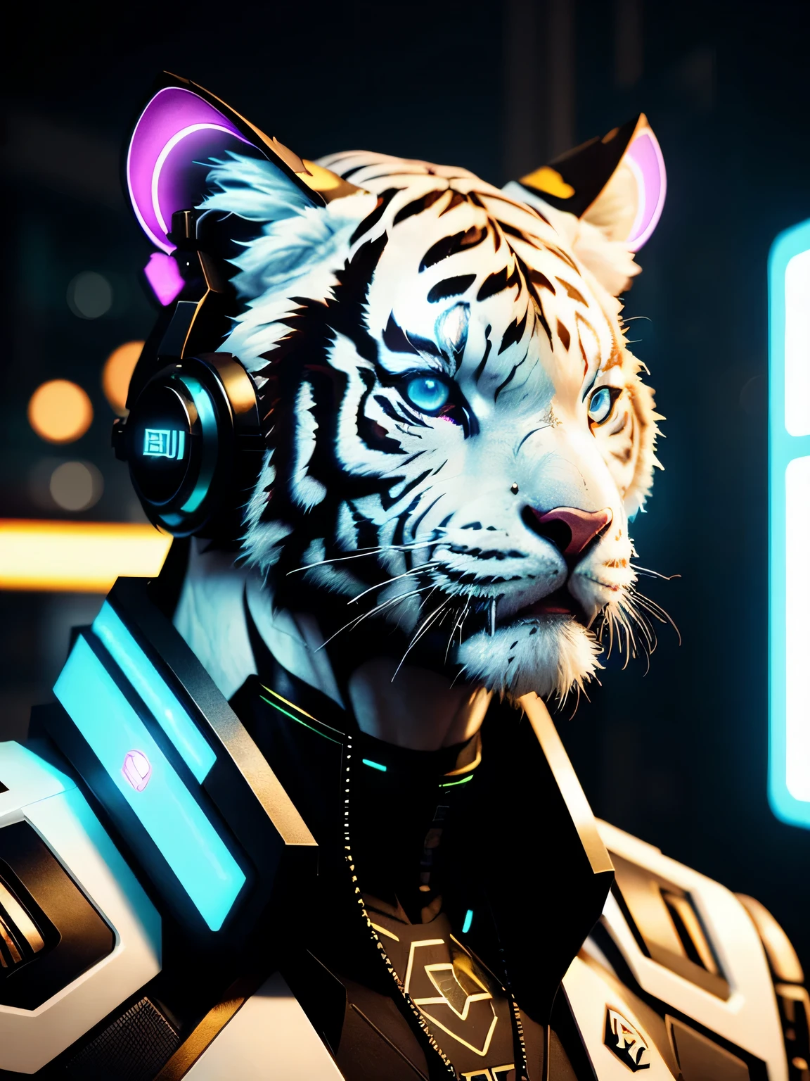 a beautiful portrait of a cute cyberpunk white tiger, cybercyber cyberpunk, multicolor scheme, high key lighting, volumetric light, digital art, highly detailed, fine detail, intricate, ornate, complex, octane render, unreal engine, photorealistic