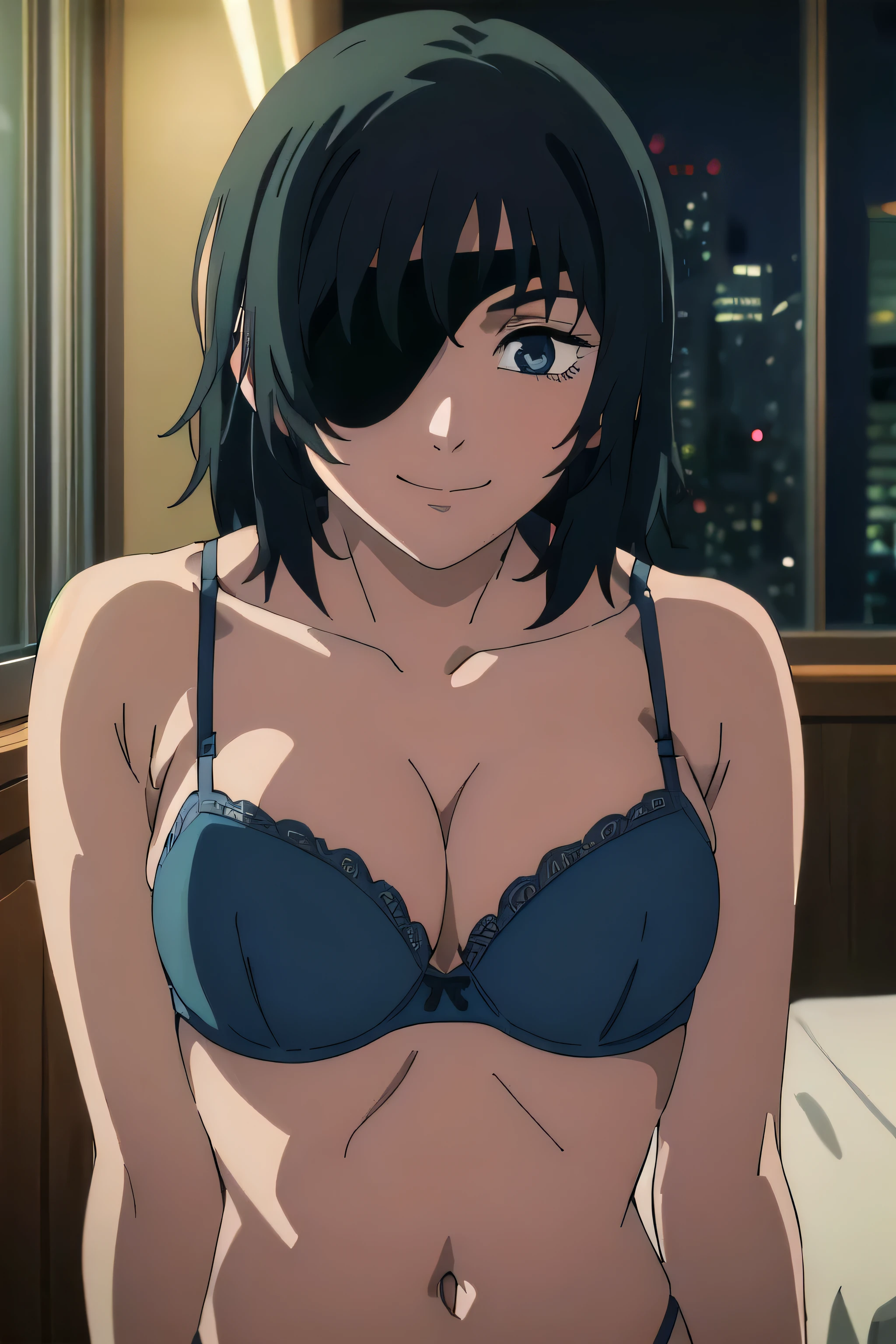 1girl, solo, facing viewer, looking at viewer, upper body, smile, HIMENO, EYEPATCH, BLACK HAIR, BLUE EYES, MEDIUM HAIR,BANGS, blue bra, panties, small bra, lots of cleavage, big breasts, huge breasts, giant breasts, large breasts, on bed, night time, lights on