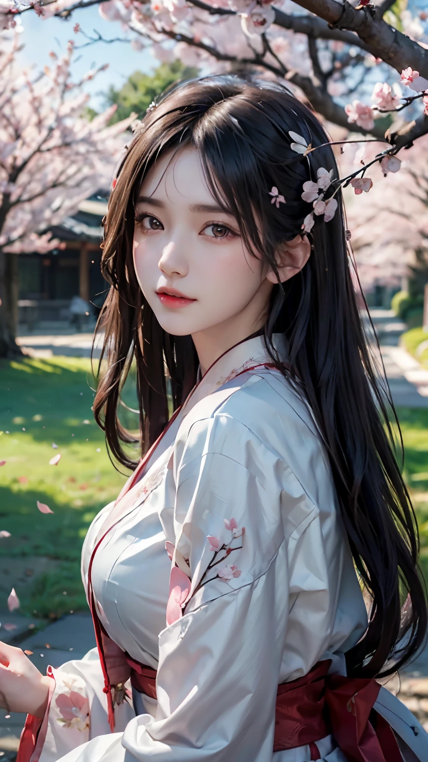 (Logo, Masterpiece, 8k, Tabletop, RAW Photo, Amazing, Top Quality, Photorealistic and Highly Detailed CG Integrated 8k Wallpaper, High Quality, Highly Detailed, Narrative Poetry, Particle Effects, Dynamic Effects, Character Boundary Depth, Cinematic lights, lens flares, ray tracing), fantasy, (single beautiful woman, white kimono, Japanese clothing, white cherry blossom pattern, white cherry blossom embroidery pattern, black hair, beautiful face, real face, beautiful eyes in detail, beautiful skin, long hair) Hair fluttering in the wind, long hair bouncing, long hair dancing in the wind), (cherry blossoms, cherry tree, cherry blossom petals dancing, cherry blossom blizzard, falling petals), hair fluttering in the wind, hair bouncing, pink cherry blossoms, Dancing petals, cherry blossom snowstorm, wonderful scenery, sunrise, background sun, wind, gods, teeth, stories of gods, vast land