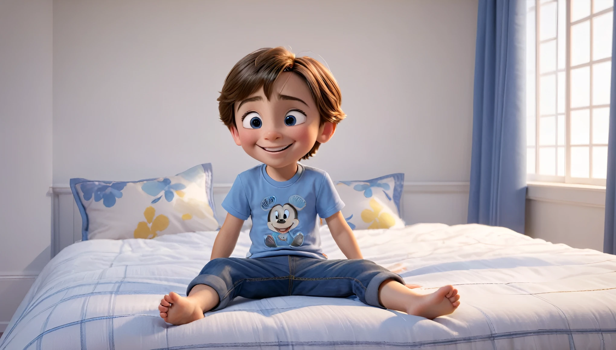 (best quality,4k,8k,highres,masterpiece:1.2),ultra-detailed,(realistic,photorealistic,photo-realistic:1.37),HDR,UHD, studio lighting . Billy is a 5  boy with wide eyes and short brown hair, he wears a blue jean and white tee-shirt, is sitting cross-legged on his bed with his eyes closed. He smiles excitedly, and his feet begin to lift off the floor. Disney Style.