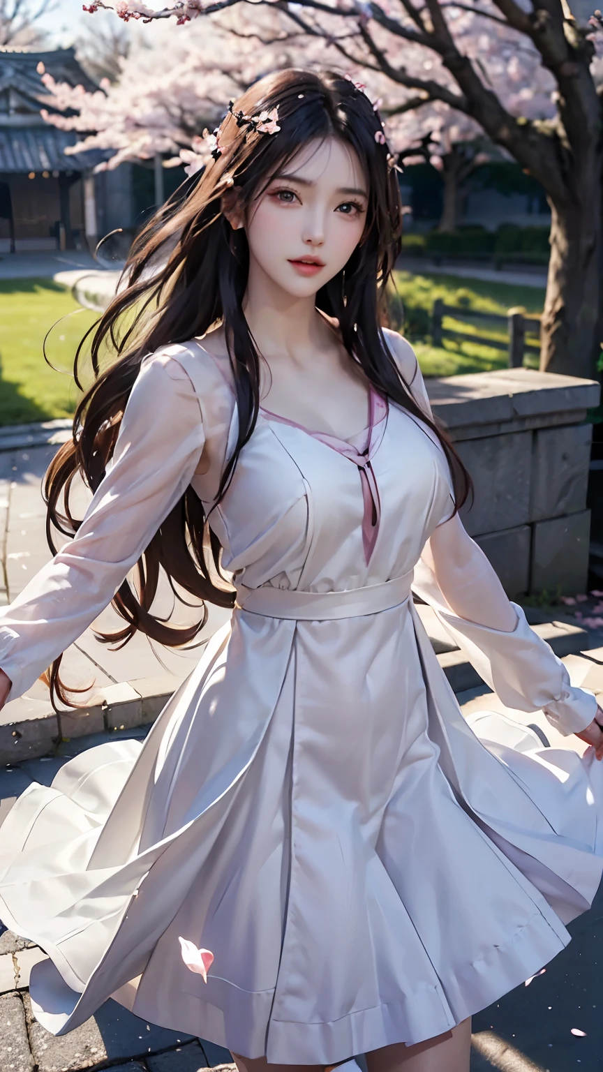 Girl in traditional Chinese clothing, Hanfu, Guzhen Hanfu women, White Hanfu,long straight black hair, black eyes, black bun hairstyle, hair accessories ,white diamond earrings, Bangle Diameter, Dia Necklace, Clear eyes, Facing forward,put on makeup, Long eyelashes ,(Long shoulder coat:1.5), (long white skirt:1.5), ((Whole body)), ((from below))ฃ, Clear face, , (Very beautiful face, Beautiful mouth, beautiful eyes), detailed face, ((Ultra-fine skin)), In the dark, deep shadows, an ancient Chinese girl (Very slim figure 1.3) ,Plump breasts, sexy slender legs elegant posture (smile brightly) ,(slum:1.5),