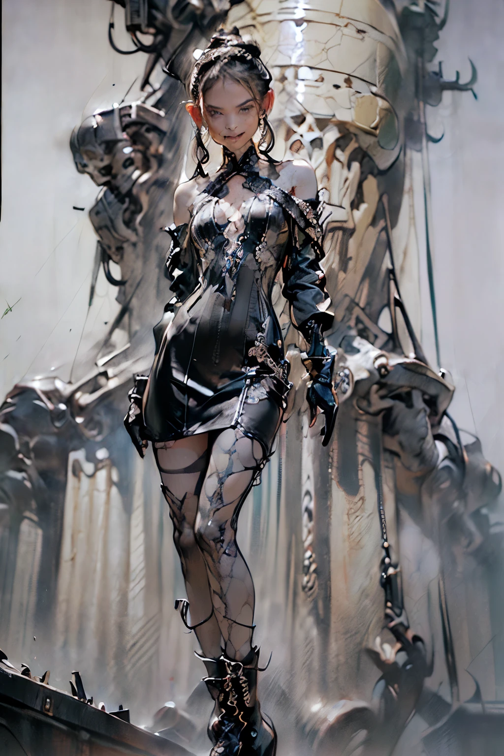 (((Create one girl 16+), (smoke, fire), (fantastic scene), (dramatic, lighting)))_(((Little loli, petite, chibi, full height), (thin graceful body, in full height - standing, firing from a powerful modern weapon), (beautiful figure, half a turn)_(16+ years)))_(((Very beautiful girl, small peach breasts, graceful figure, narrow waist, smooth hips )), ((long double braids), (tight braids), (braided hair), (long hime haircut), (dark hair, black hair)))_((Scarlet lips)), ((smile)))_ (((Shiny skin:1.5, white skin, light skin: 1.5, shiny body)))_(((Detailed face)), ((sexy), (erotic), (cute, kawaii), (nsfw))) _(((Bare shoulders, black lace dress)), ((black chiffon dress, very short dress))_(((tight-fitting), (black), (transparent lace dress)), ((stands almost completely naked , with a small amount of clothing)), ((tiny thongs)), (arms in elbow pads, palms wearing tactical gloves), (bare thighs, thong, bare stomach, minimal clothing), (legs in combat knee pads, thigh-high stockings - sexy)), ((massive leather lace-up boots)), ((looks seductively at the viewer, embarrassed smile, shy, sexy, erotic)))_(((Dark background, realistic painting, digital painting, high quality)) _((Background, fantastic ship lock),(films; Lucas Arts, R.S. Giger "Alien", Giger's monsters)), (stunning scene in a spaceship)), ((alien flowers, skulls)), ((decorative dark background)),((stunning white alien lilies),(extremely unusual)),((spaceship-water, skulls)),((white lilies-large stems)))_(((Bright colors, cold soft shadows), (warm contrasting light, bright theme)),((high contrast, photorealistic graphics:1.37)),((digital painting, oil painting, wide wet brushstroke)),((best quality,4k, high resolution,masterpiece:1.2)),((ultra detail),(realistic, photorealistic, photorealistic: 1.37 )), ((painting-professional execution)))_(((Cinematic, digital painting),(soft clear forms, wide strokes, attention to detail),(clear elegant line, color shading)))_(((High quality, 16K | Ultra HD | Full HD))).