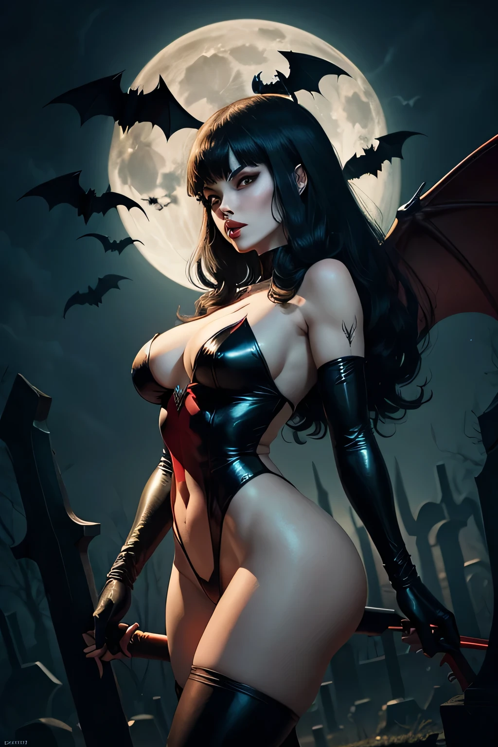 vampirella with moon behind cemetery scene with skull, dark night and bats flying