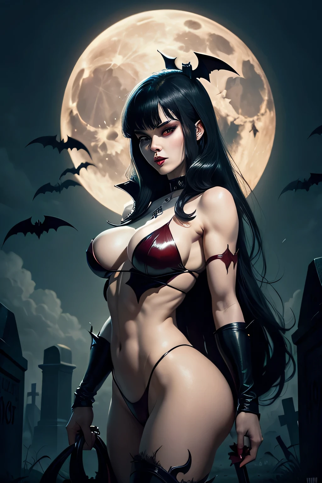 vampirella with moon behind cemetery scene with skull, dark night and bats flying