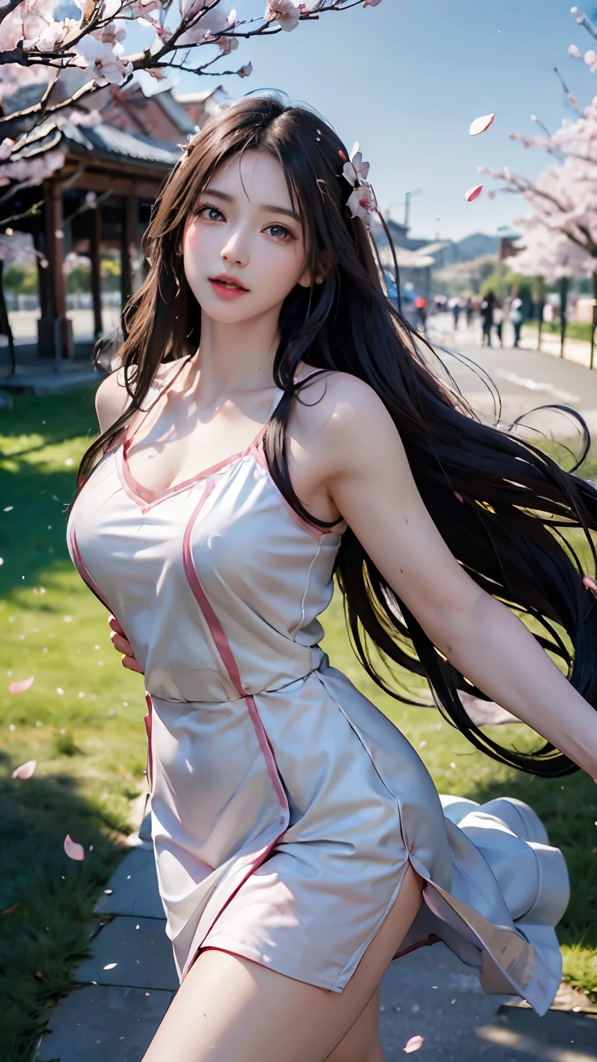 (Logo, Masterpiece, 8k, Tabletop, RAW Photo, Amazing, Top Quality, Photorealistic and Highly Detailed CG Integrated 8k Wallpaper, High Quality, Highly Detailed, Narrative Poetry, Particle Effects, Dynamic Effects, Character Boundary Depth, (cinematic lights, lens flares, ray tracing), fantasy, (single beautiful woman, dress, one piece, black hair, beautiful face, real face, beautiful eyes in detail, beautiful skin, long hair fluttering in the wind, long hair bouncing , long hair dancing in the wind), (cherry blossoms, cherry tree, cherry blossom petals dancing, cherry blossom blizzard, falling petals), wind blowing hair, hair flying, pink cherry blossoms, petals dancing, cherry blossom blizzard, wonderful scenery, sunrise , background sun, wind, gods, teeth, divine story, vast land
