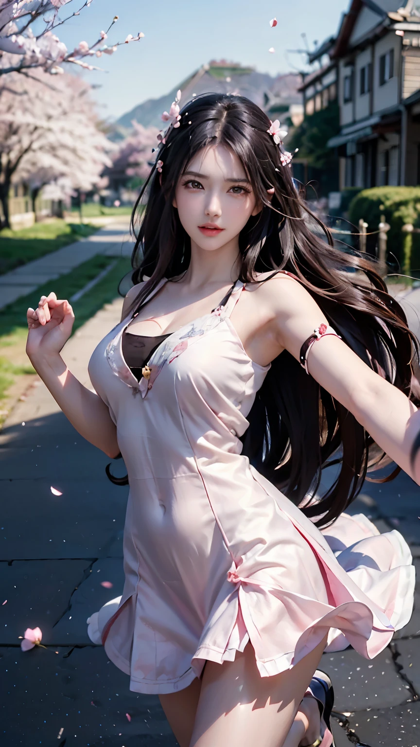 (Logo, Masterpiece, 8k, Tabletop, RAW Photo, Amazing, Top Quality, Photorealistic and Highly Detailed CG Integrated 8k Wallpaper, High Quality, Highly Detailed, Narrative Poetry, Particle Effects, Dynamic Effects, Character Boundary Depth, (cinematic lights, lens flares, ray tracing), fantasy, (single beautiful woman, dress, one piece, black hair, beautiful face, real face, beautiful eyes in detail, beautiful skin, long hair fluttering in the wind, long hair bouncing , long hair dancing in the wind), (cherry blossoms, cherry tree, cherry blossom petals dancing, cherry blossom blizzard, falling petals), wind blowing hair, hair flying, pink cherry blossoms, petals dancing, cherry blossom blizzard, wonderful scenery, sunrise , background sun, wind, gods, teeth, divine story, vast land
