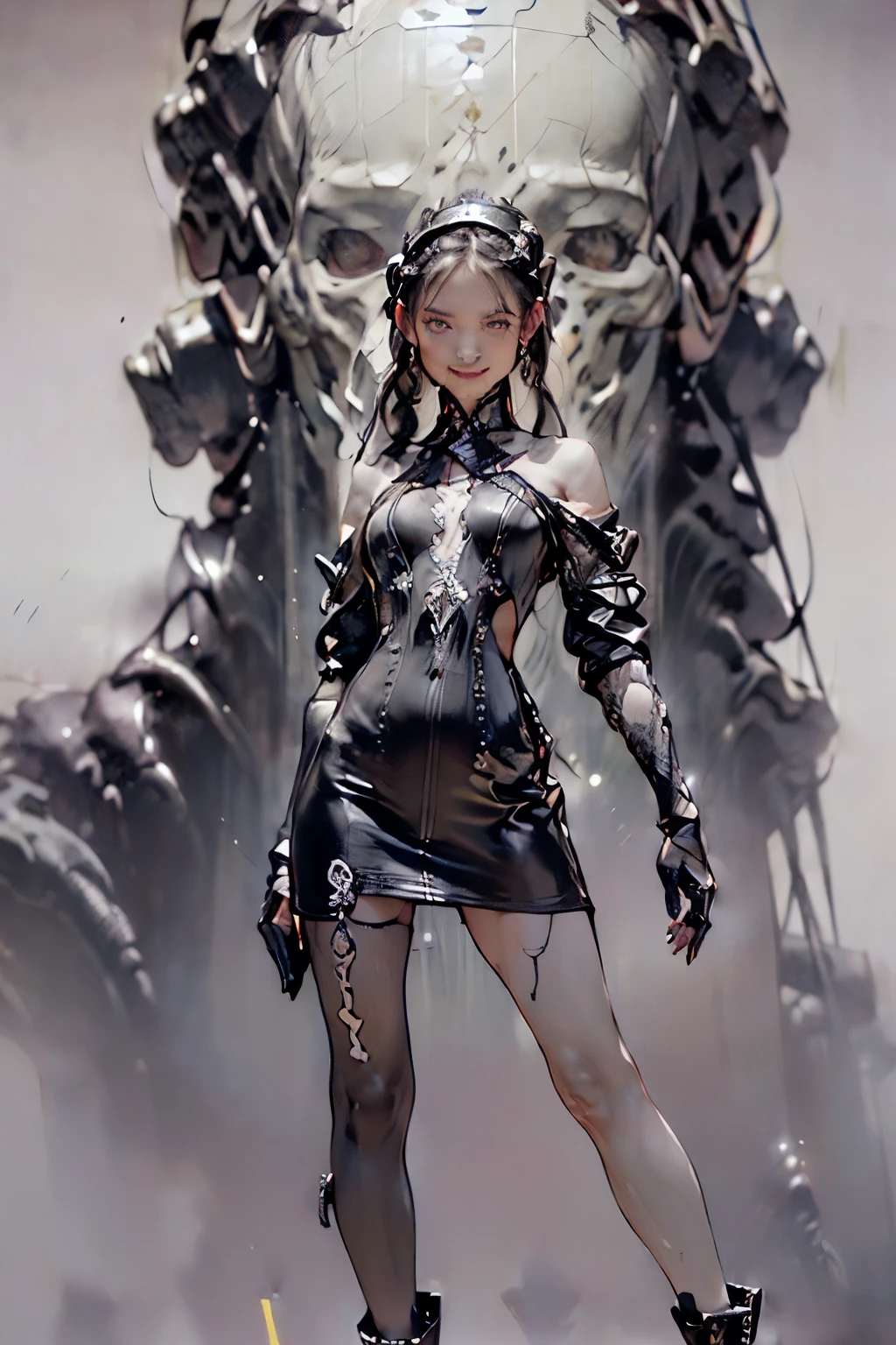 (((Create one girl 16+), (smoke, fire), (fantastic scene), (dramatic, lighting)))_(((Little , petite, chibi, full height), (thin graceful body, in full height - standing, firing from a powerful modern weapon), (beautiful figure, half a turn)_(16+ years)))_(((Very beautiful girl, small peach breasts, graceful figure, narrow waist, smooth hips )), ((long double braids), (tight braids), (braided hair), (long hime haircut), (dark hair, black hair)))_((Scarlet lips)), ((smile)))_ (((Shiny skin:1.5, white skin, light skin: 1.5, shiny body)))_(((Detailed face)), ((sexy), (erotic), (cute, kawaii), (nsfw))) _(((Bare shoulders, black lace dress)), ((black chiffon dress, very short dress))_(((tight-fitting), (black), (transparent lace dress)), ((stands almost completely naked , with a small amount of clothing)), ((tiny thongs)), (arms in elbow pads, palms wearing tactical gloves), (bare thighs, thong, bare stomach, minimal clothing), (legs in combat knee pads, thigh-high stockings - sexy)), ((massive leather lace-up boots)), ((looks seductively at the viewer, embarrassed smile, shy, sexy, erotic)))_(((Dark background, realistic painting, digital painting, high quality)) _((Background, fantastic ship lock),(films; Lucas Arts, R.S. Giger "Alien", Giger's monsters)), (stunning scene in a spaceship)), ((alien flowers, skulls)), ((decorative dark background)),((stunning white alien lilies),(extremely unusual)),((spaceship-water, skulls)),((white lilies-large stems)))_(((Bright colors, cold soft shadows), (warm contrasting light, bright theme)),((high contrast, photorealistic graphics:1.37)),((digital painting, oil painting, wide wet brushstroke)),((best quality,4k, high resolution,masterpiece:1.2)),((ultra detail),(realistic, photorealistic, photorealistic: 1.37 )), ((painting-professional execution)))_(((Cinematic, digital painting),(soft clear forms, wide strokes, attention to detail),(clear elegant line, color shading)))_(((High quality, 16K | Ultra HD | Full HD))).