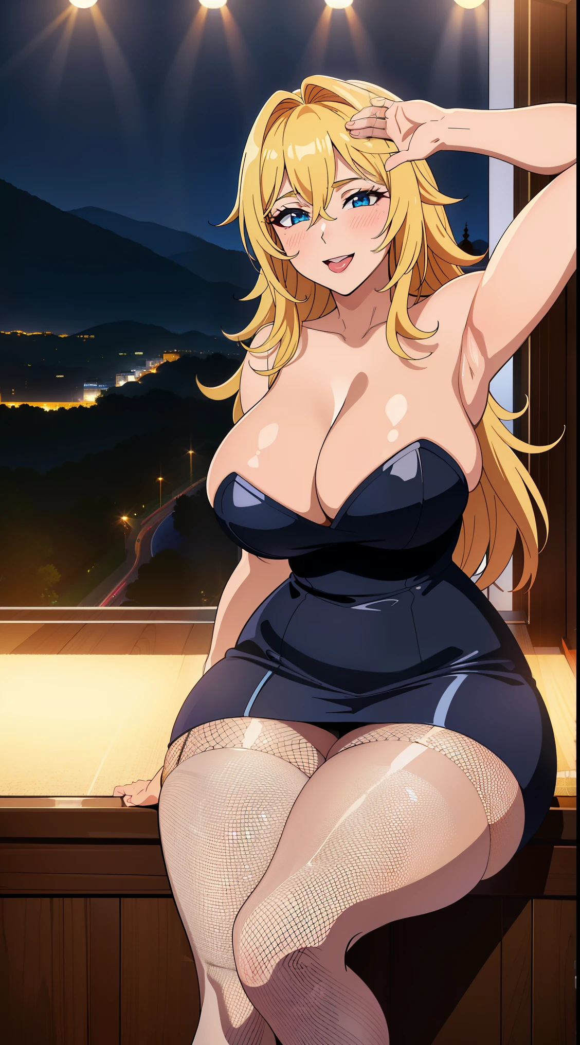 (Melhor qualidade:1.5, high resolution, Ultra HD, 4K, detailed lighting, Sombreadores), Cabelo castanho, rabo de cavalo grande, lindo, Seios grandes, sensual, erotic, sensual, decote, buceta, peitos, coxas, ahegao, sorridente, virilha, (pov, tiro certeiro, vista de baixo), Background of the room at night, terno de coelhinha, collant de coelho, fishnet stocking, (agachado)