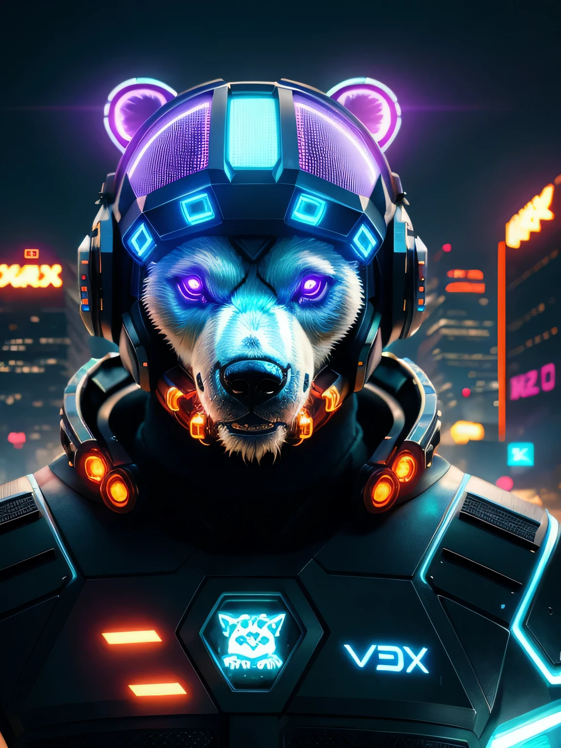 a beautiful portrait of a cute cyberpunk polar bear, cybercyber cyberpunk, multicolor scheme, high key lighting, volumetric light, digital art, highly detailed, fine detail, intricate, ornate, complex, octane render, unreal engine, photorealistic