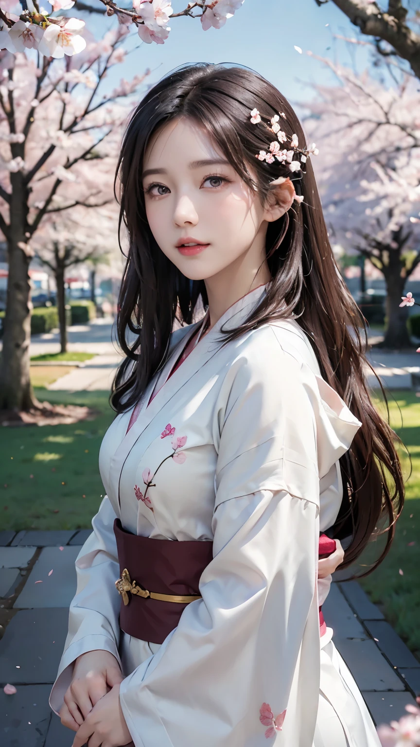 (Logo, Masterpiece, 8k, Tabletop, RAW Photo, Amazing, Top Quality, Photorealistic and Highly Detailed CG Integrated 8k Wallpaper, High Quality, Highly Detailed, Narrative Poetry, Particle Effects, Dynamic Effects, Character Boundary Depth, Cinematic lights, lens flares, ray tracing), fantasy, (single beautiful woman, white kimono, Japanese clothing, white cherry blossom pattern, white cherry blossom embroidery pattern, black hair, beautiful face, real face, beautiful eyes in detail, beautiful skin, long hair) Hair fluttering in the wind, long hair bouncing, long hair dancing in the wind), (cherry blossoms, cherry tree, cherry blossom petals dancing, cherry blossom blizzard, falling petals), hair fluttering in the wind, hair bouncing, pink cherry blossoms, Dancing petals, cherry blossom snowstorm, wonderful scenery, sunrise, background sun, wind, gods, teeth, stories of gods, vast land