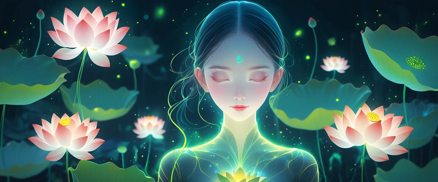 (masterpiece, best quality:1.2), digital art style, charming illustration,Peace pictures，1 girl, lotus，alone，body glow，glowing line，fluorescence,Luminous example，Tracking example，flash，萤light particles，backlight，translucent，light particles，correct human ???????，