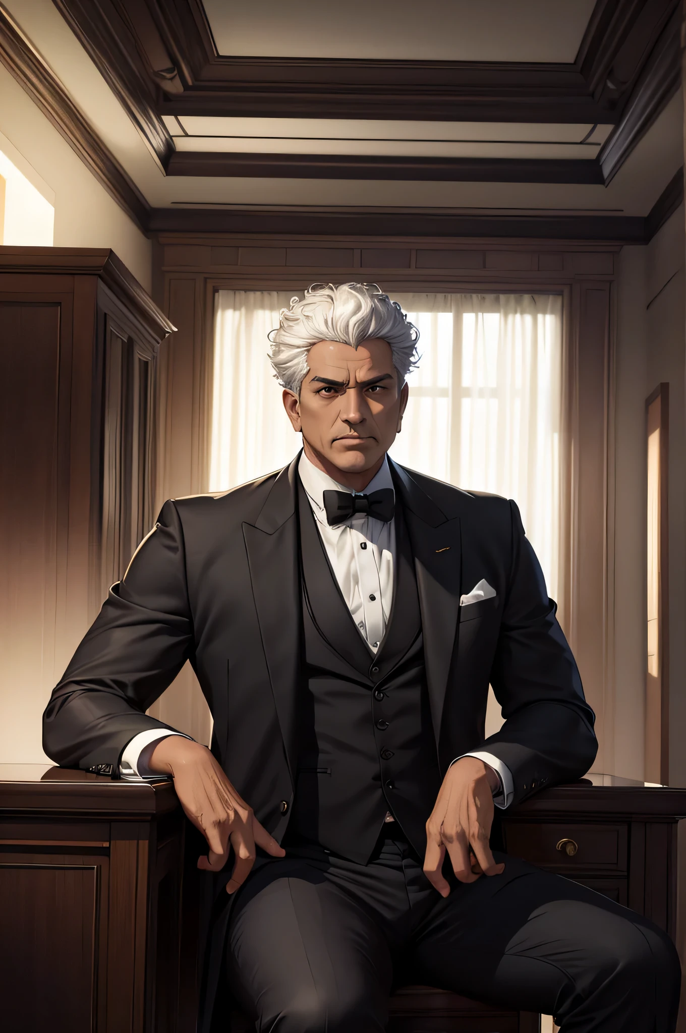 super fine illustration, Ultra high resolution, obra de arte, Mais alta qualidade, Perfect Lighting, Specific Lighting, dramatic shadow, rastreamento de raio,homem de meia idade, etnia negra, com curto, cabelos brancos cacheados, vestido com um terno escuro elegante e formal, sitting at the table in an important office, looking like a villain, (obra de arte)