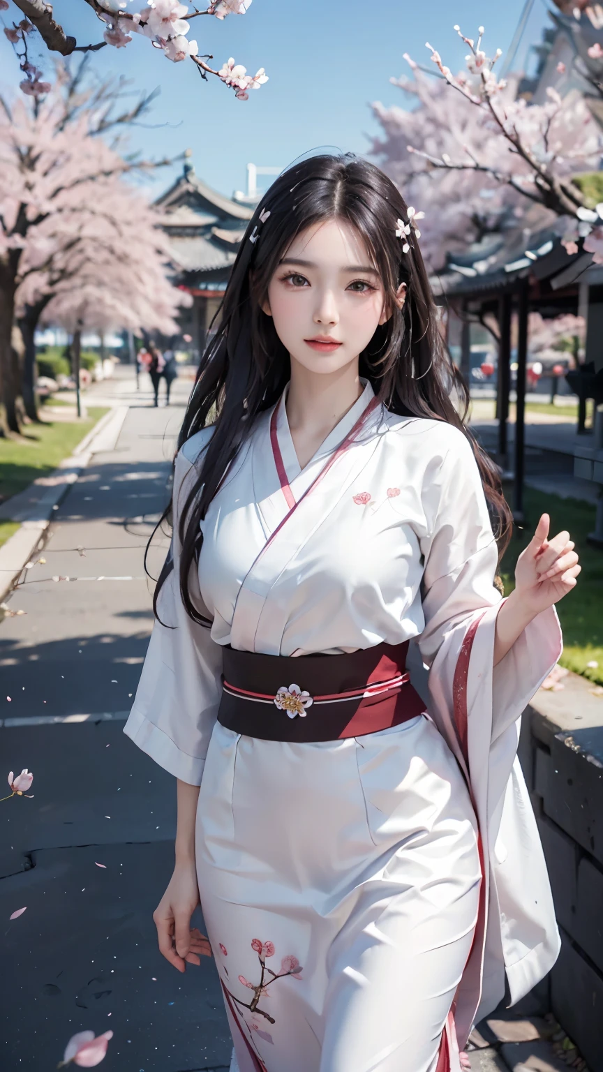 (Logo, Masterpiece, 8k, Tabletop, RAW Photo, Amazing, Top Quality, Photorealistic and Highly Detailed CG Integrated 8k Wallpaper, High Quality, Highly Detailed, Narrative Poetry, Particle Effects, Dynamic Effects, Character Boundary Depth, Cinematic lights, lens flares, ray tracing), fantasy, (single beautiful woman, white kimono, Japanese clothing, white cherry blossom pattern, white cherry blossom embroidery pattern, black hair, beautiful face, real face, beautiful eyes in detail, beautiful skin, long hair) Hair fluttering in the wind, long hair bouncing, long hair dancing in the wind), (cherry blossoms, cherry tree, cherry blossom petals dancing, cherry blossom blizzard, falling petals), hair fluttering in the wind, hair bouncing, pink cherry blossoms, Dancing petals, cherry blossom snowstorm, wonderful scenery, sunrise, background sun, wind, gods, teeth, stories of gods, vast land