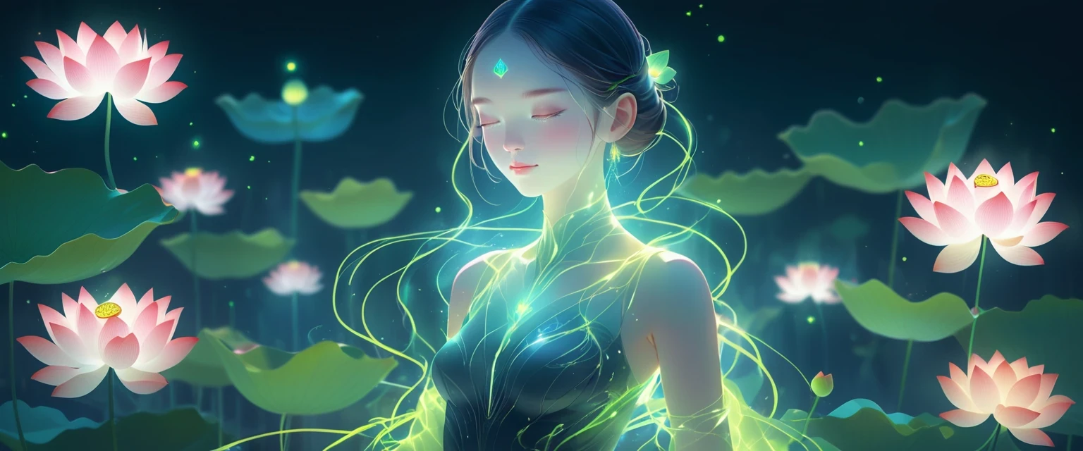 (masterpiece, best quality:1.2), digital art style, charming illustration,Peace pictures，1 girl, lotus，alone，body glow，glowing line，fluorescence,Luminous example，Tracking example，flash，萤light particles，backlight，translucent，light particles，correct human anatomy，