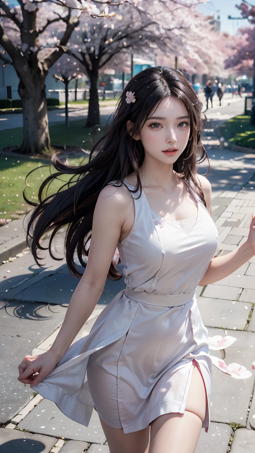 (Logo, Masterpiece, 8k, Tabletop, RAW Photo, Amazing, Top Quality, Photorealistic and Highly Detailed CG Integrated 8k Wallpaper, High Quality, Highly Detailed, Narrative Poetry, Particle Effects, Dynamic Effects, Character Boundary Depth, (cinematic lights, lens flares, ray tracing), fantasy, (single beautiful woman, dress, one piece, black hair, beautiful face, real face, beautiful eyes in detail, beautiful skin, long hair fluttering in the wind, long hair bouncing , long hair dancing in the wind), (cherry blossoms, cherry tree, cherry blossom petals dancing, cherry blossom blizzard, falling petals), wind blowing hair, hair flying, pink cherry blossoms, petals dancing, cherry blossom blizzard, wonderful scenery, sunrise , background sun, wind, gods, teeth, divine story, vast land