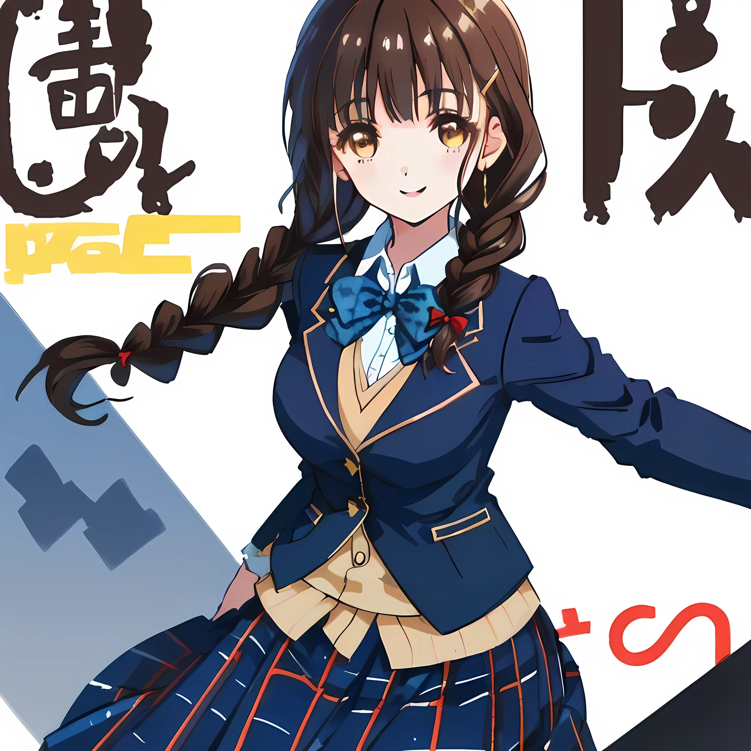 highest quality, (masterpiece:1.2), High resolution, very detailed,((smooth texture:1.2)), ((only one girl)), A very neat girl looks at the viewer and smiles with disdain., glossy lips, Neat and nice smile, big brown eyes, (((dark brown hair))), 15 years old, big shiny hair clip, , ((Dark blue blazer with golden emblem on the left chest)), ((realistic girly large deep blue Japanese school ribbon bow tie with enamel texture)), very shiny hair、laughter、bright look、(((a pair of dark brown tightly braids hair style))), ((((realistic dark blue & deep navy colored tartan checkered middle long skirt)))), brown leather shoes, white socks, magic, magic circle, ((A highly magical attempt to captivate viewers))