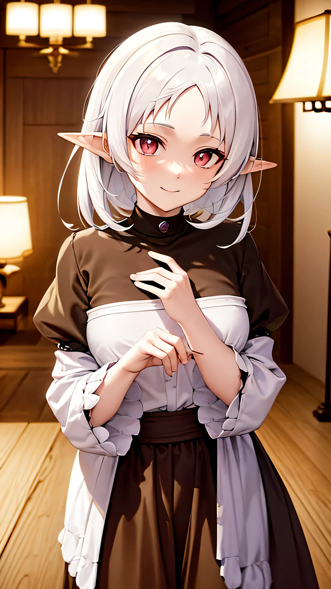 a cute character with a shy smile named Sylphie with elf-like ears and white short hair, the eyes are red colored with black pupils, with a soft cute smile. The character is wearing a white long-sleeve shirt and a brown skirt, she is amidst a serene and beautifully illuminated room Mushoku Tensei. anime style masterpiece. Ultra HD. Super Details. Best Quality