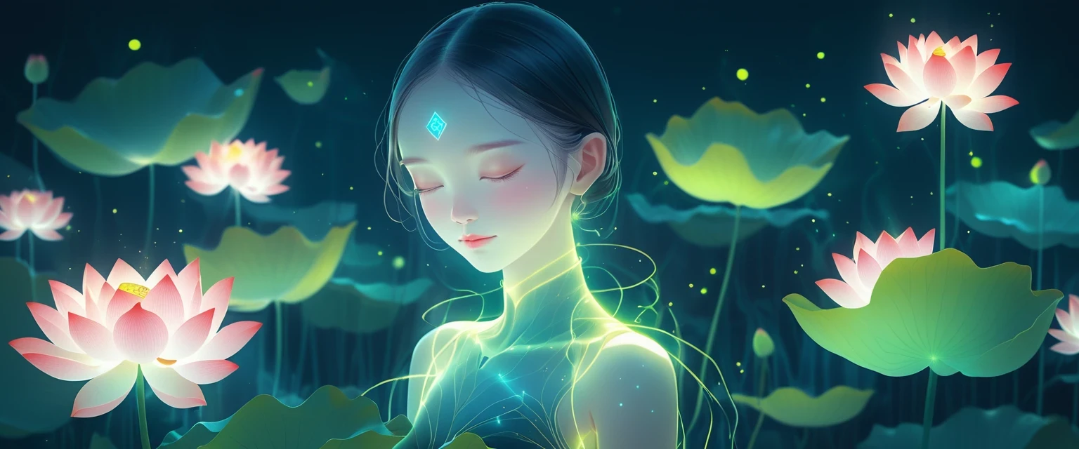 (masterpiece, best quality:1.2), digital art style, charming illustration,Peace pictures,1 girl, lotus,alone,body glow,glowing line,fluorescence,Luminous example,Tracking example,flash,萤light particles,backlight,translucent,light particles,correct human anatomy,