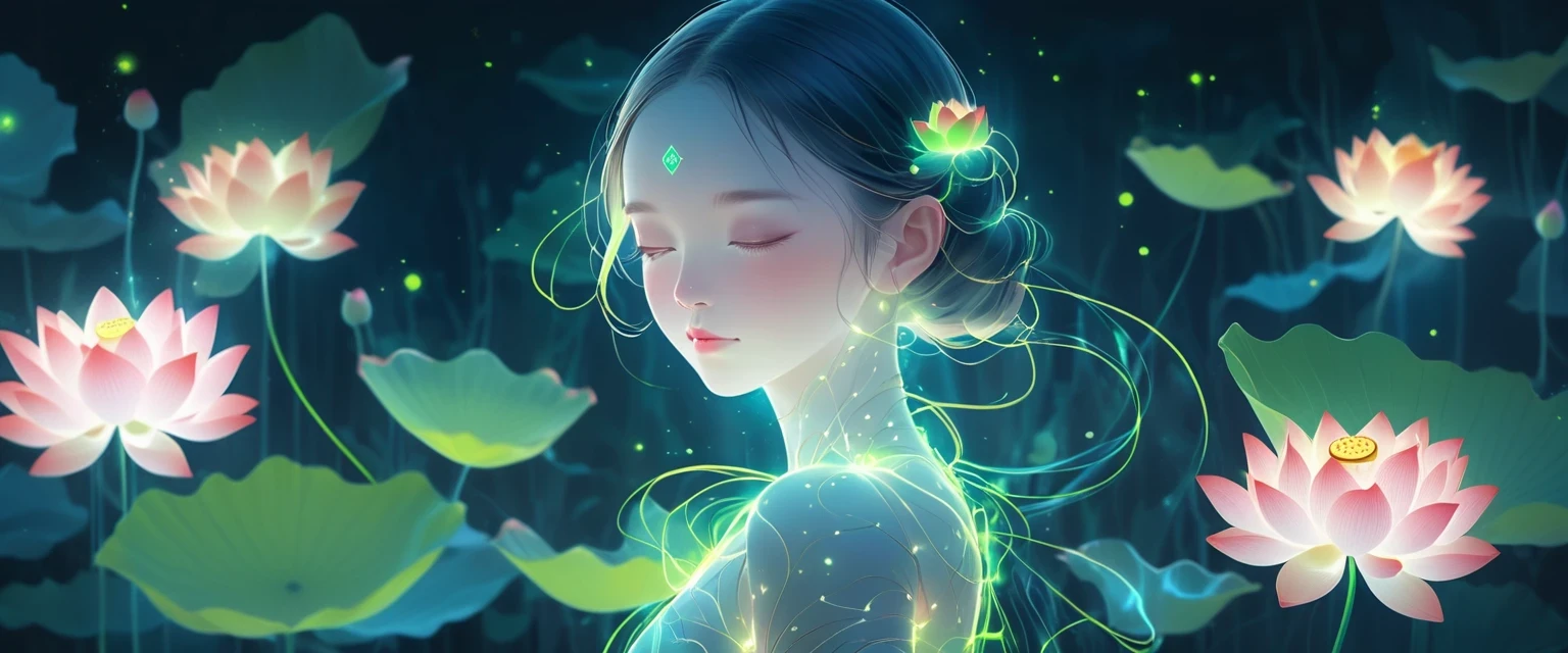(masterpiece, best quality:1.2), digital art style, charming illustration,Peace pictures，1 girl, lotus，alone，body glow，glowing line，fluorescence,Luminous example，Tracking example，flash，萤light particles，backlight，translucent，light particles，correct human anatomy，