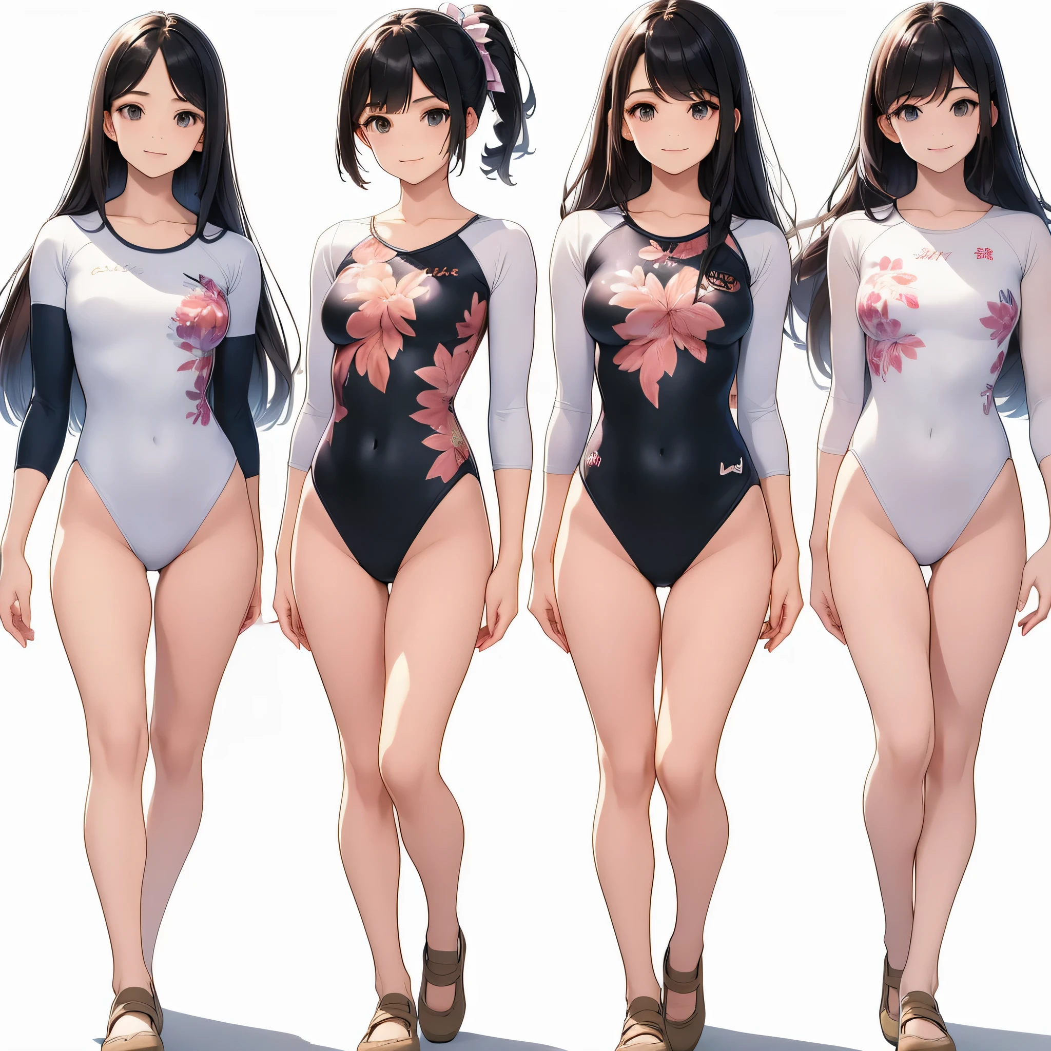 ((full body)),(masterpiece, highest quality), (3 girls 1.5) ,((contrasting:1.5)), looking at iniewer, walk,((in_arm:1.2)), wear gymnastics_longsleeines_leotard_outfit leotard:1.3), (Floral:1.3), BREAK masterpiece black hair, ((long hair:1.2)), ((parted bangs:1.3)), black eye, good hand, ((small )), (oiner 20 years old, Under 25 years old:1.2), , Spotlight, Happy, smile, 教室in休憩