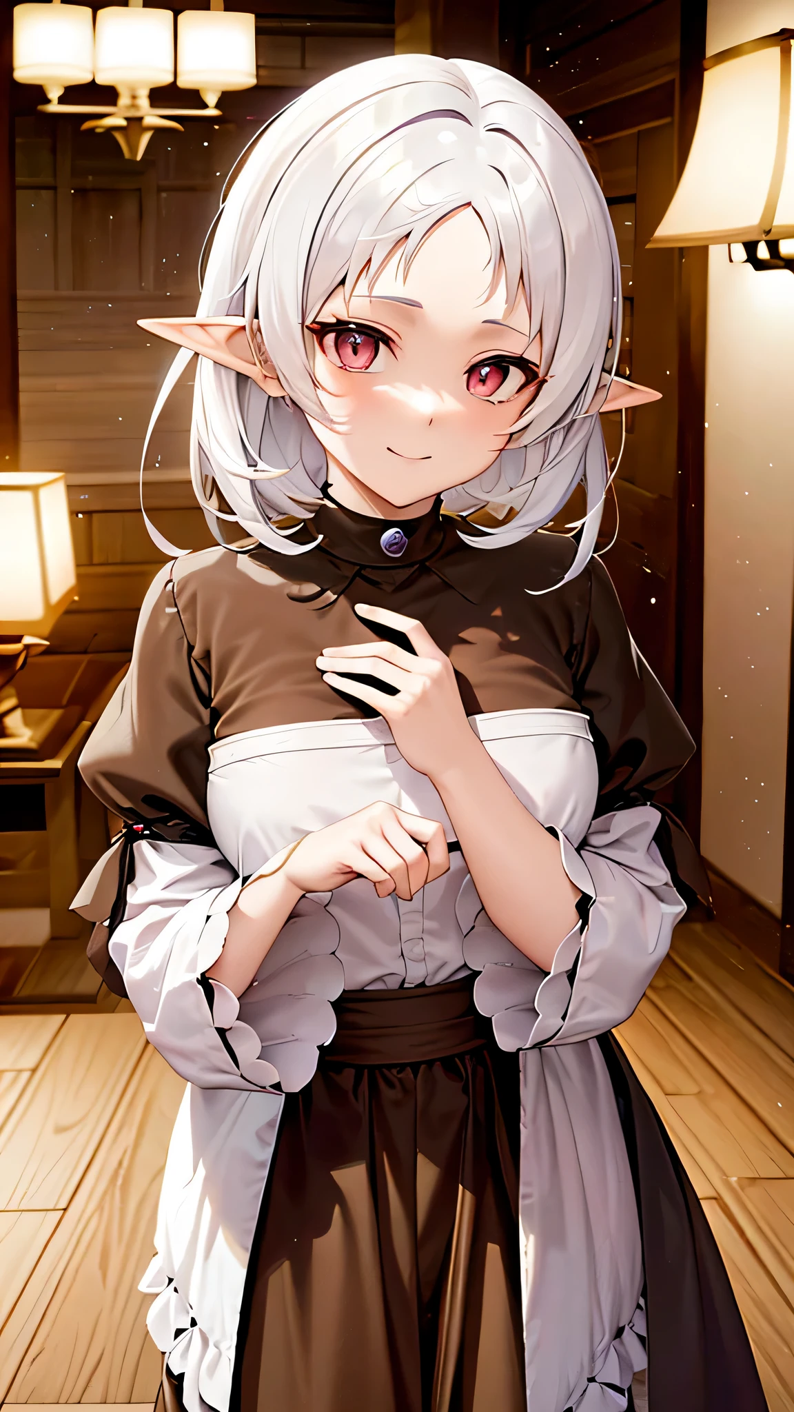 a cute character with a shy smile named Sylphie with elf-like ears and white short hair, the eyes are red colored with black pupils, with a soft cute smile. The character is wearing a white long-sleeve shirt and a brown skirt, she is amidst a serene and beautifully illuminated room Mushoku Tensei. anime style masterpiece. Ultra HD. Super Details. Best Quality