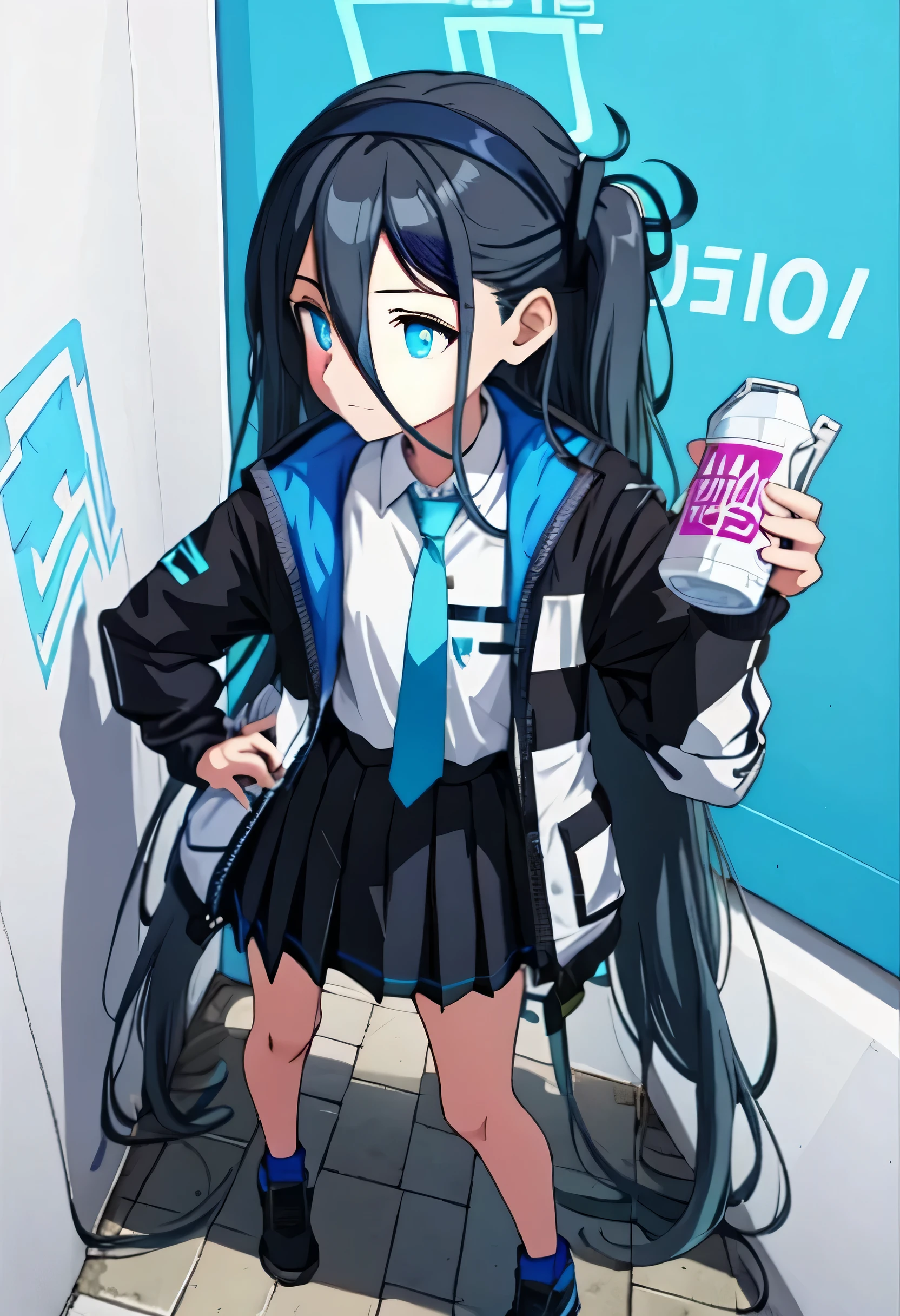 alice def, (very long hair:1.1), put your hand on your waist, From above, smug, street, masterpiece, highest quality, High resolution, nice hands, perfect hands,holding a color spray can、Spray Art Wall,wall graffiti