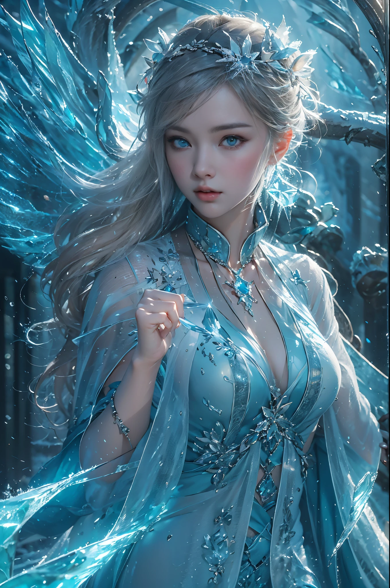 (((1 girl))),imperial water,magician,(loose dress:1.5),(perfect facial features:1.4),(blue silk robe),(Mysterious magic circle:1.2),blue glow,(Frost Wings),(((Powerful ice magic))),(((icicle))),towering over the landscape,Blue light cold light,(((Ice storms))),Wind,((blizzard)),Amazing results,,best quality,masterpiece,ultra high resolution,detailed,intricate details,8K resolution,8KUCG wallpaper,high dynamic range,water blue,magic circle,Cinema-level lighting effects,chiaroscuro,Ray tracing、NVIDIA RTX