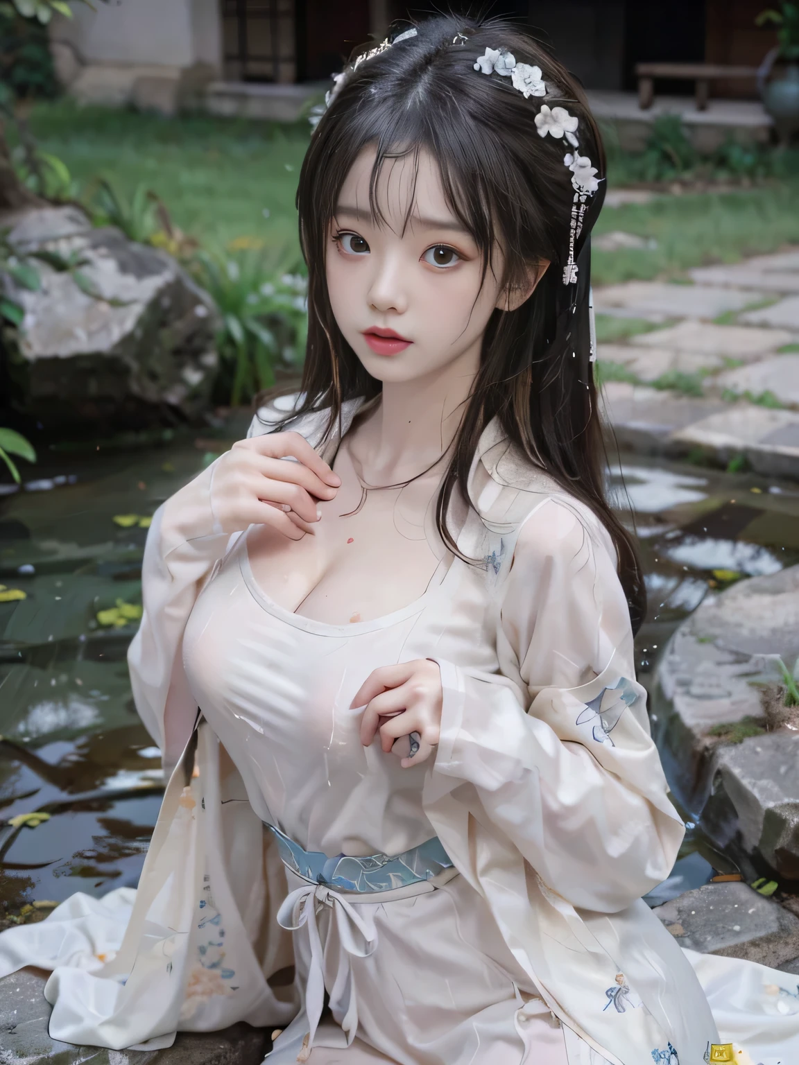 Royal dynasty with wet tits, la plus haute qualité, Meilleure qualité d'image, exaggerated detail, jolie fille asiatique de 8 ans avec une expression timide, Slightly squinted eyes, ajuster ses cheveux, long cils (long / very, Hanfu Silk Dynasty V-Breasted Open Roya) en plein air, posing in front of the camera, se concentrer sur les seins. Portez une chemise blanche.,big tits detail,The chest is more exposed,Jupon court en dentelle de soie fine