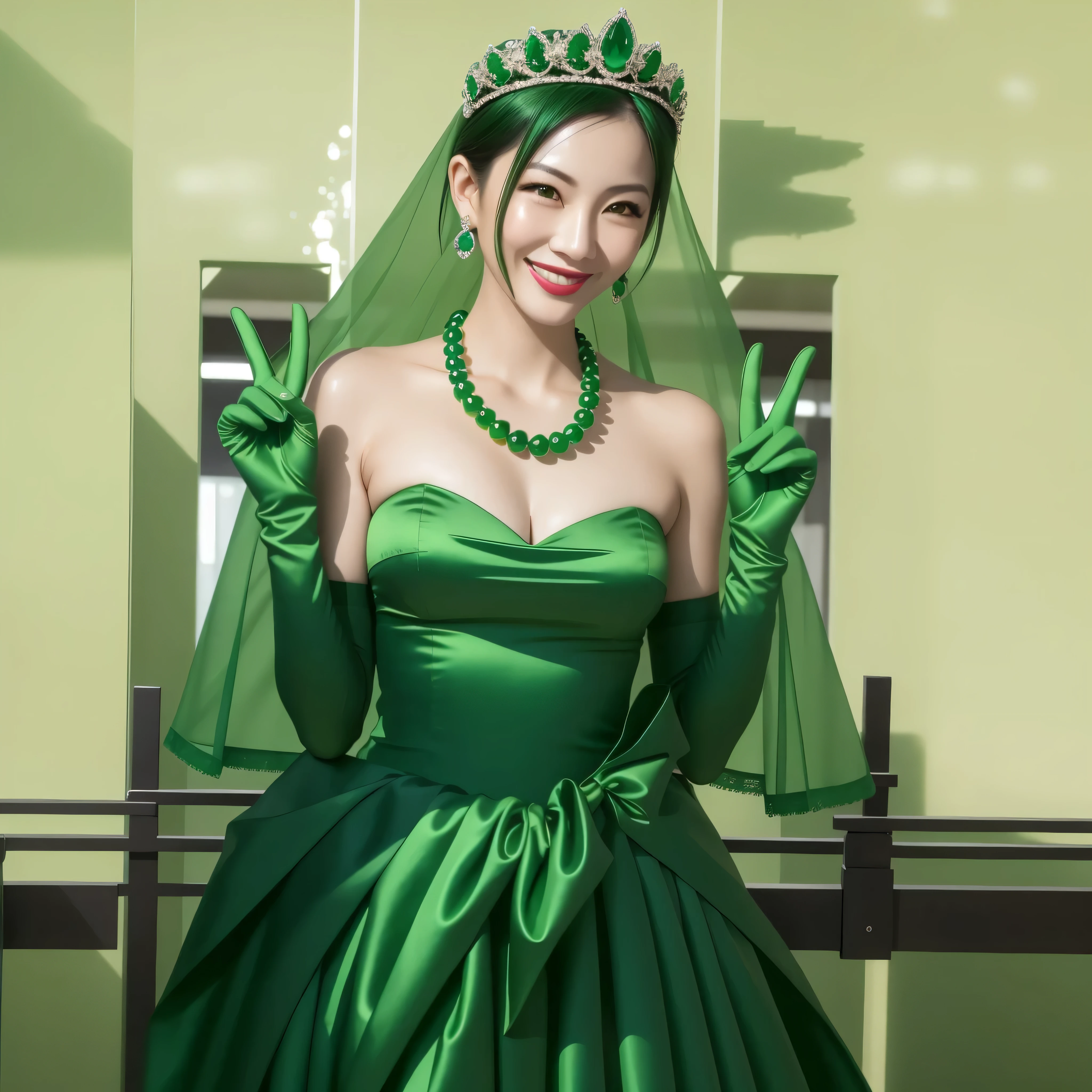 Beautiful Japan woman in her 30s, finger details, beautiful hands,emerald tiara, green pearl necklace, Boyish green berry short hair, lipstick, smiling Japanese woman, very short hair, big breasts beautiful, green eyes, green satin long gloves, green eyes, emerald earrings, green veil, V sign