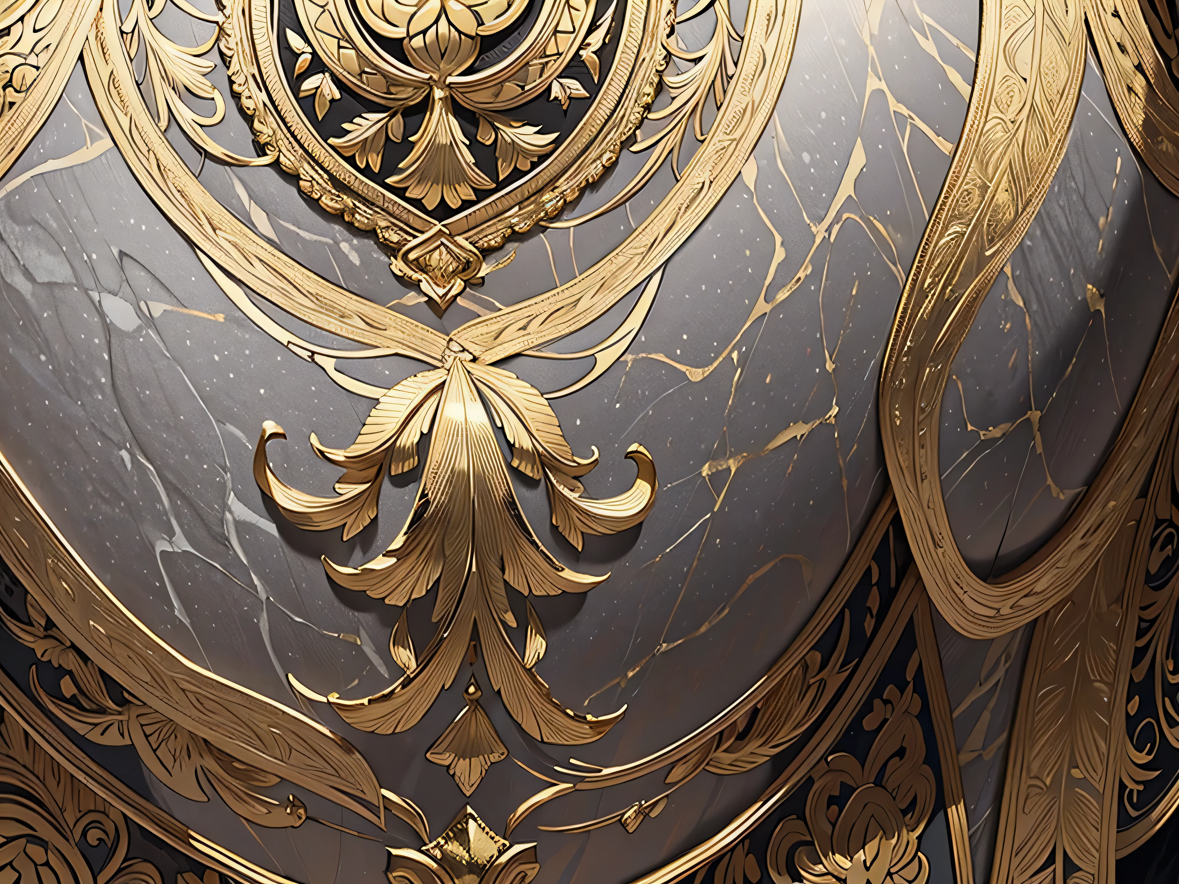 a close up of a decorative pattern, gilt silk fabric, silver with gold trim, carved marble texture silk cloth, damask patern, embroidered brocade, damask, shiny silver with gold trim, elaborate detail, high texture detail), intricate lining, high texture detail, baroque cloth, features intricate detail, highly intricate details, intricate detail