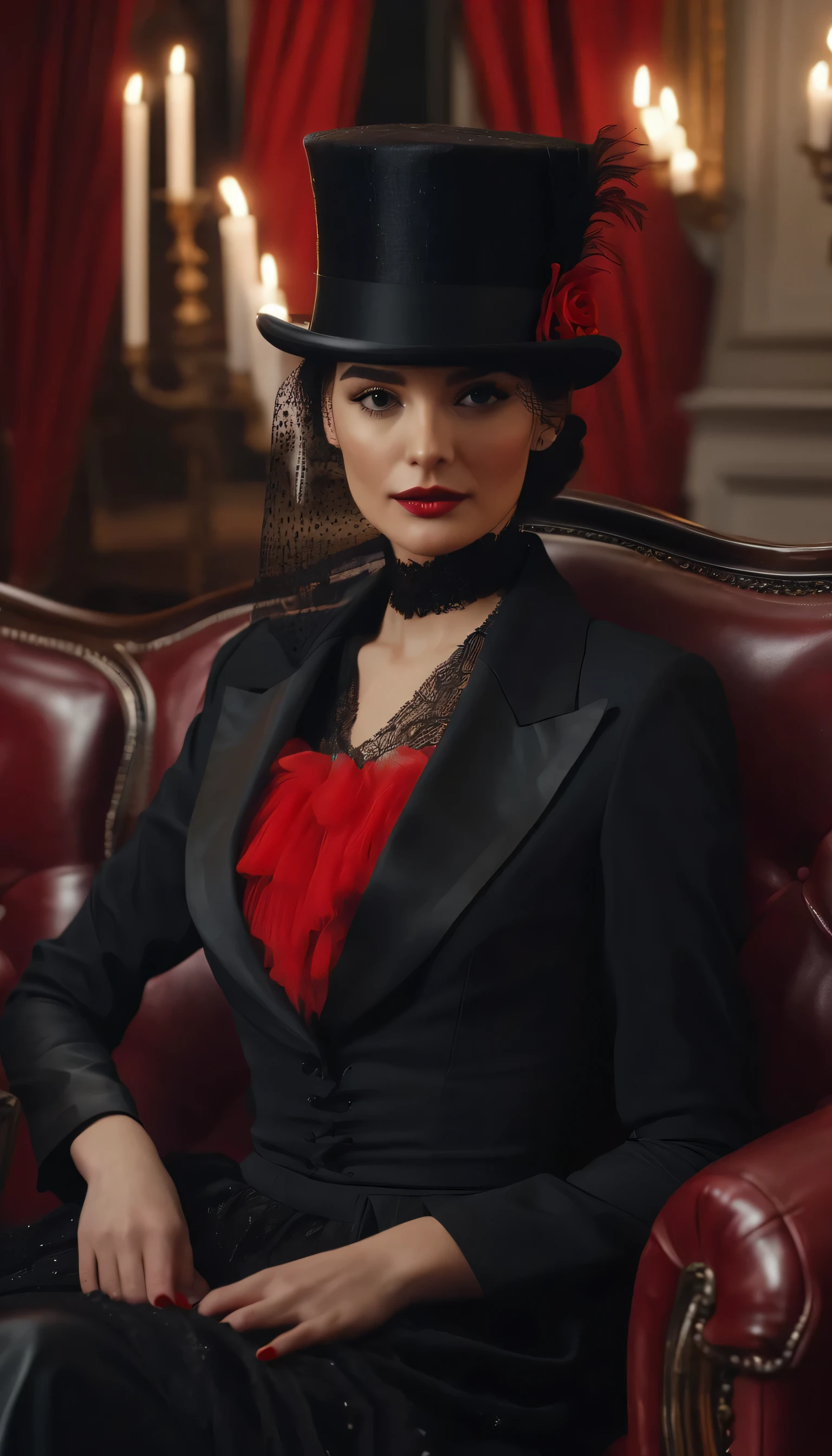 https://s.mj.correr/hks0uQ_NdC4 woman wearing top hat with black veil, e elegantes roupas pretas com detalhes vermelhos, she is in a mansion, sitting on a leather sofa in a candlelit room, ultraleve, realista, adulto, Maximum texture, fotorrealismo, cinematic, epic 4k, detalhado, photoshoot profissional, Vida real